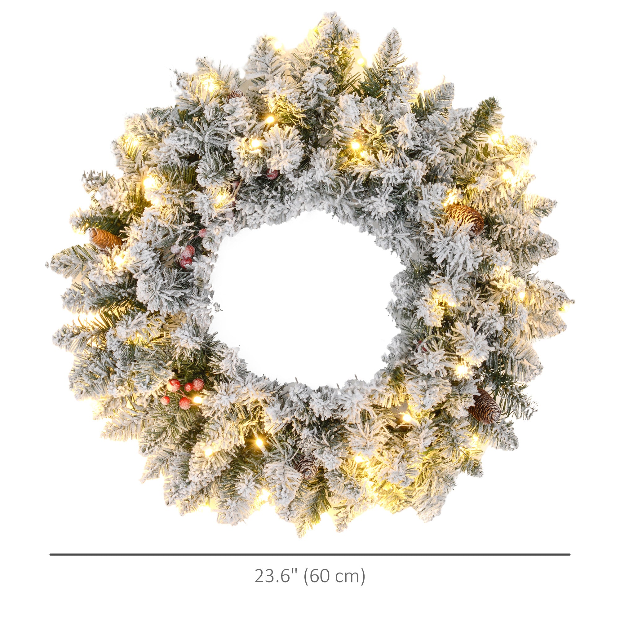 Aosom 24" Flocked Christmas Wreath with 50 LED Lights - Green-Home Furnishings > Holiday & Seasonal > Christmas Decorations > Christmas Wreaths-DECOROLALA