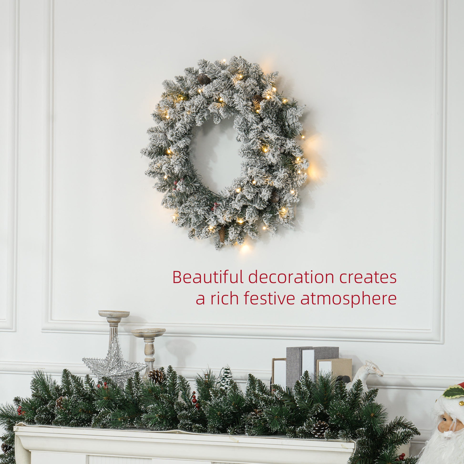 Aosom 24" Flocked Christmas Wreath with 50 LED Lights - Green-Home Furnishings > Holiday & Seasonal > Christmas Decorations > Christmas Wreaths-DECOROLALA
