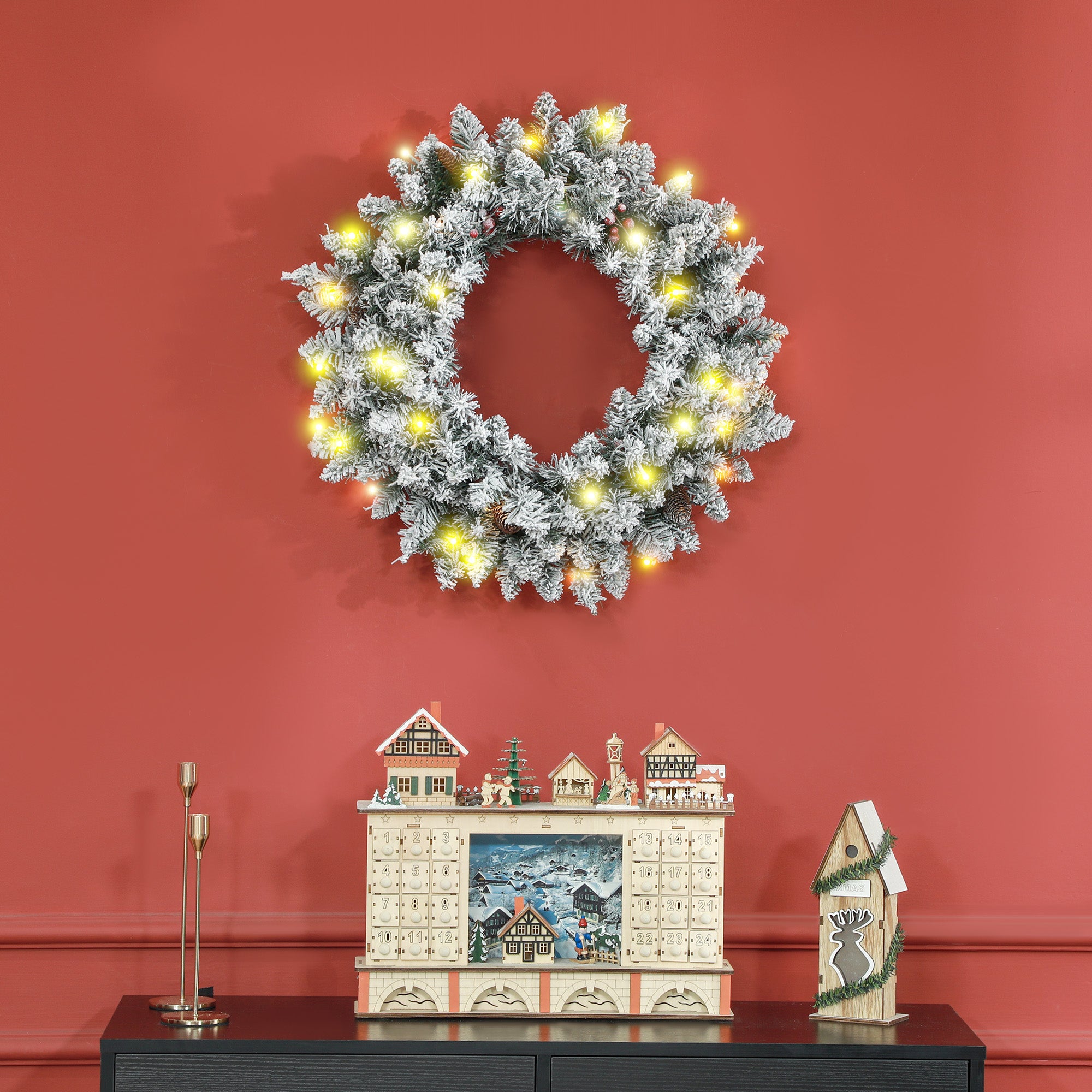 Aosom 24" Flocked Christmas Wreath with 50 LED Lights - Green-Home Furnishings > Holiday & Seasonal > Christmas Decorations > Christmas Wreaths-DECOROLALA