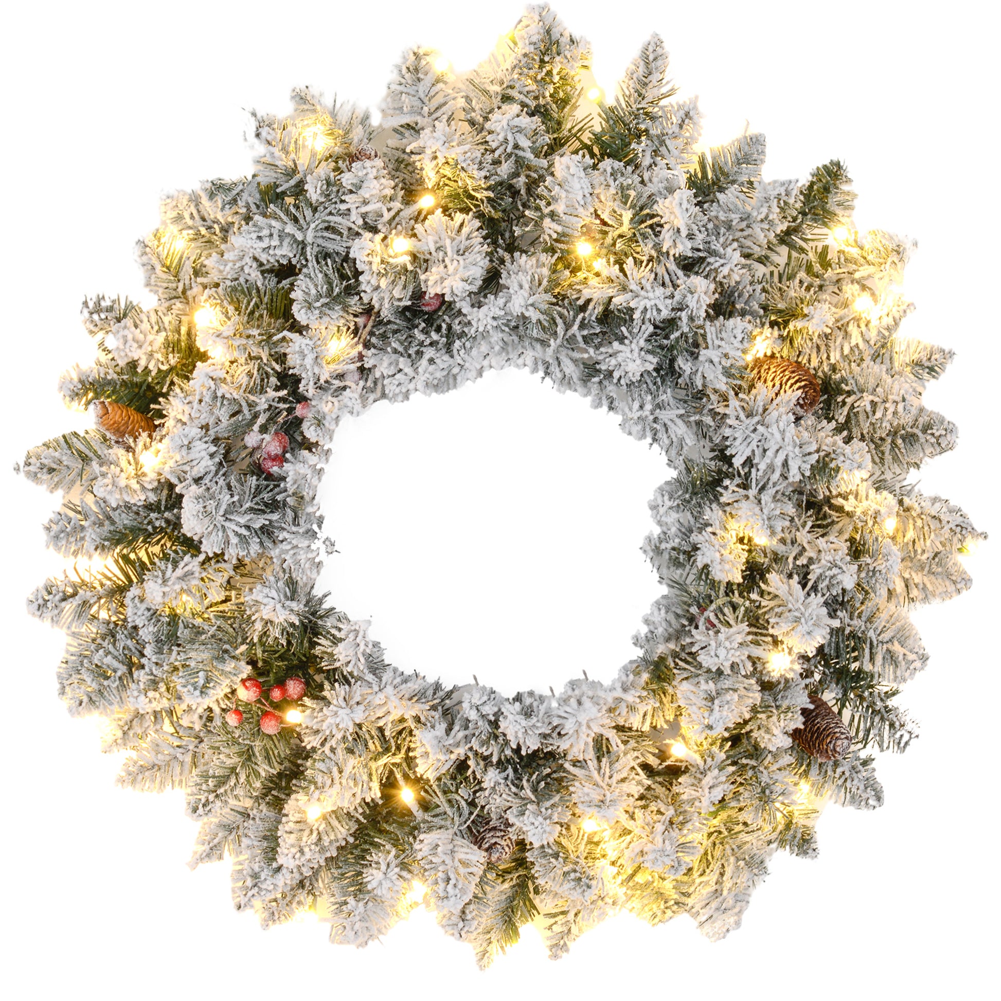 Aosom 24" Flocked Christmas Wreath with 50 LED Lights - Green-Home Furnishings > Holiday & Seasonal > Christmas Decorations > Christmas Wreaths-DECOROLALA