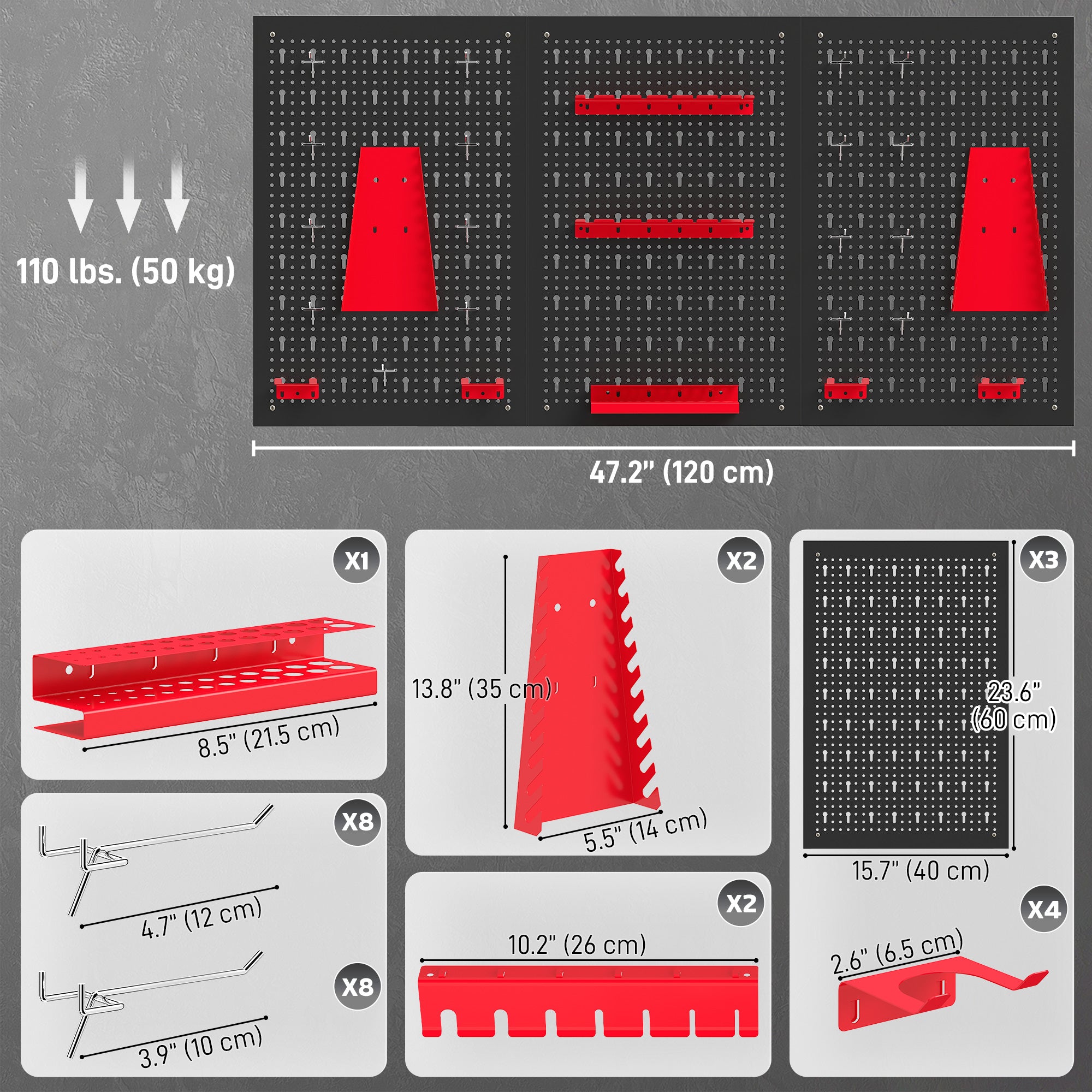 Aosom 28-Piece Metal Pegboard Tool Organizer - Black and Red-Home Improvement > Tools > Tool Organizers-DECOROLALA