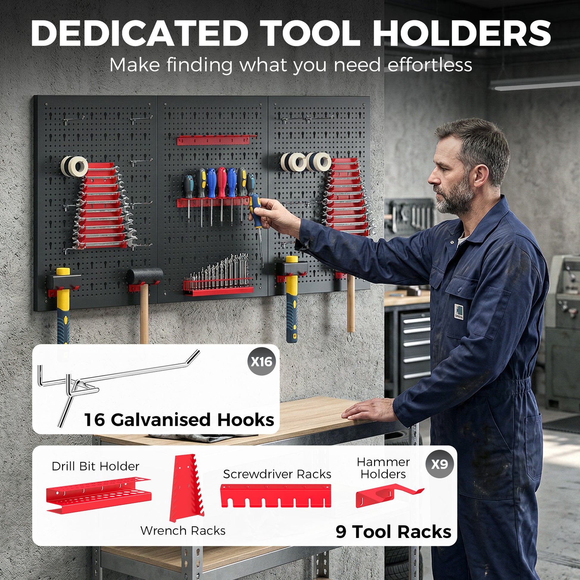 Aosom 28-Piece Metal Pegboard Tool Organizer - Black and Red-Home Improvement > Tools > Tool Organizers-DECOROLALA