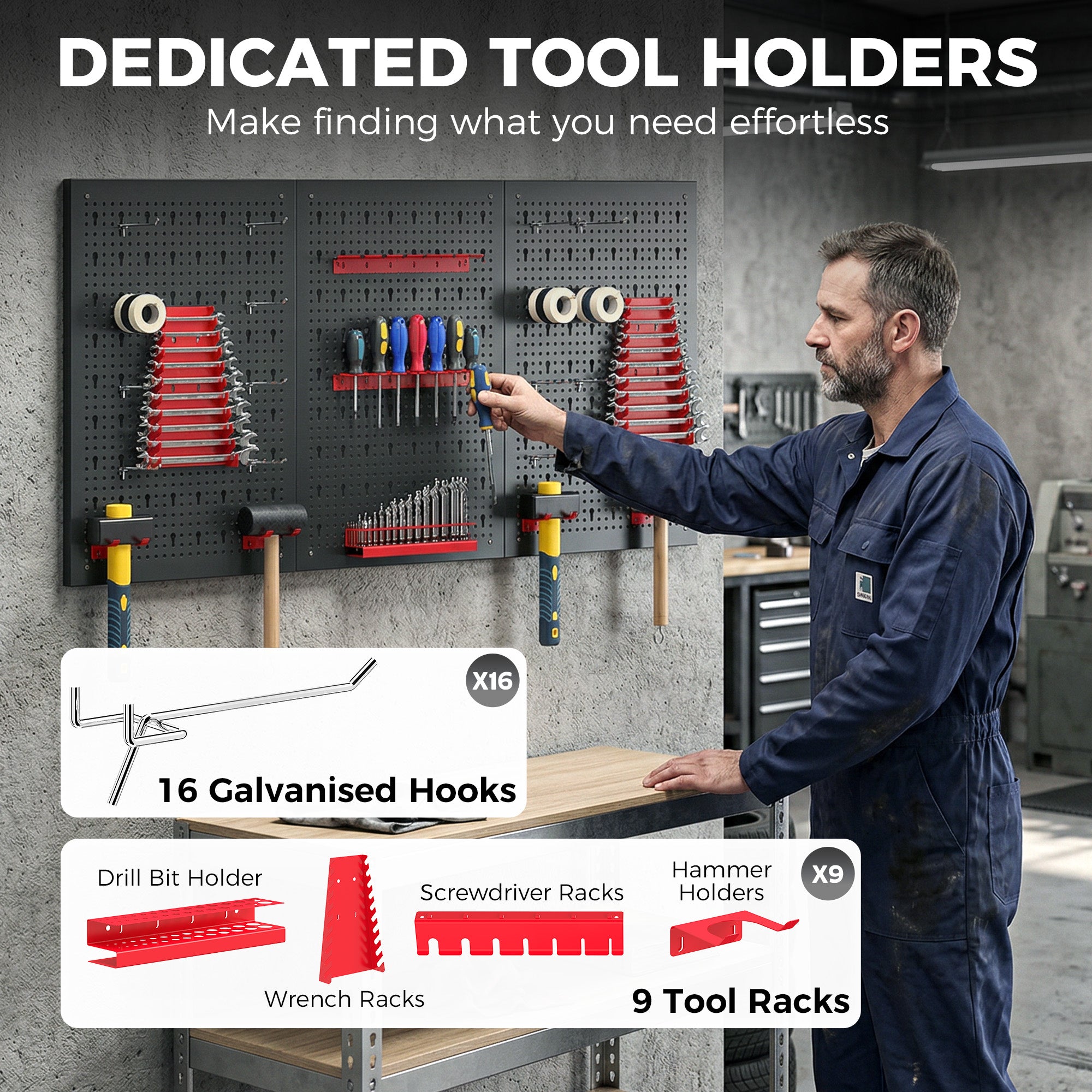 Aosom 28-Piece Metal Pegboard Tool Organizer - Black and Red-Home Improvement > Tools > Tool Organizers-DECOROLALA