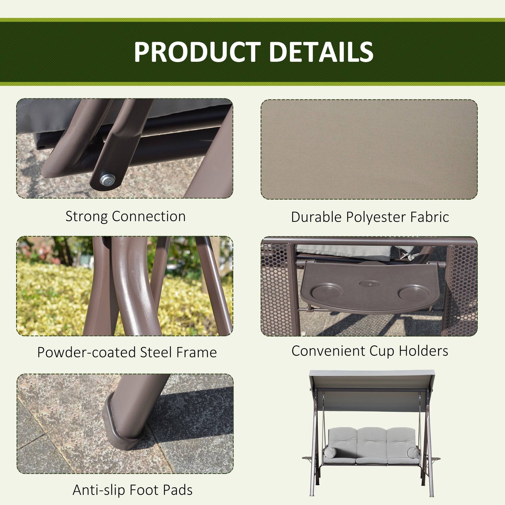 Aosom 3-Person Outdoor Swing Bench - Light Grey-DECOROLALA