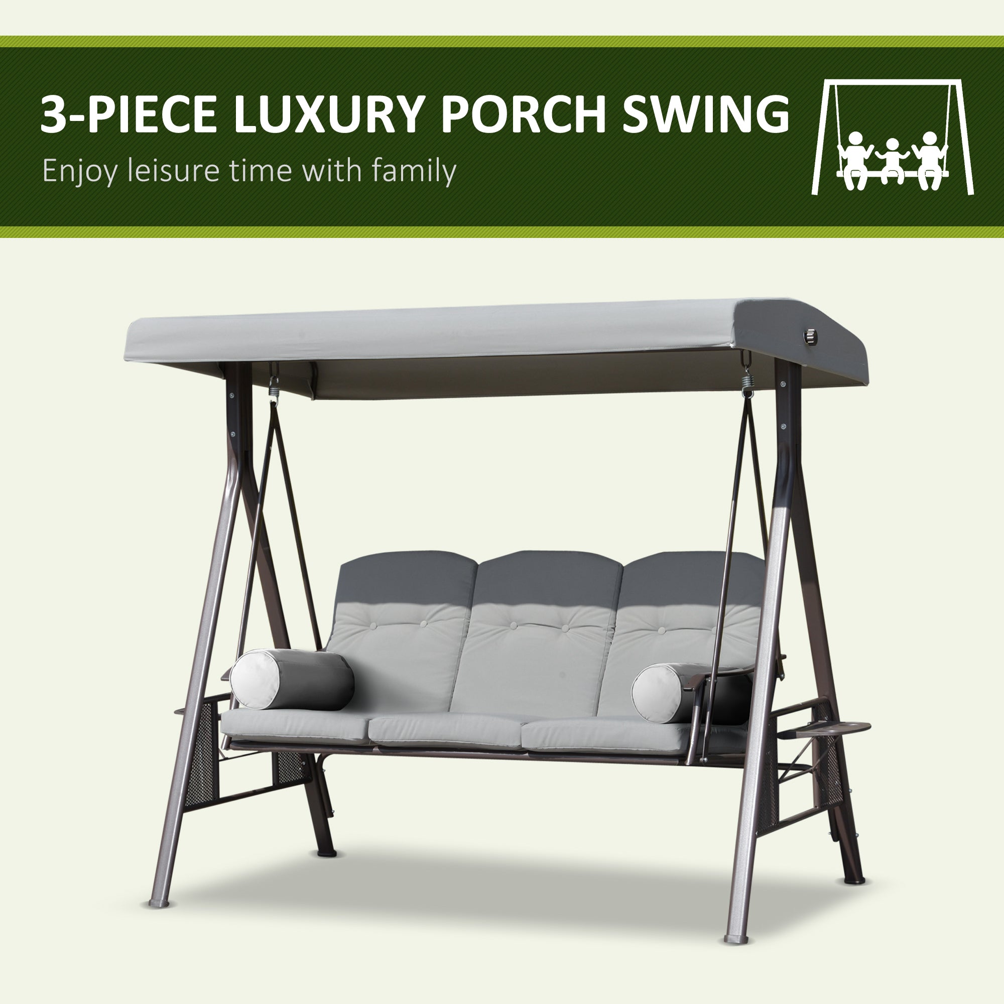 Aosom 3-Person Outdoor Swing Bench - Light Grey-DECOROLALA