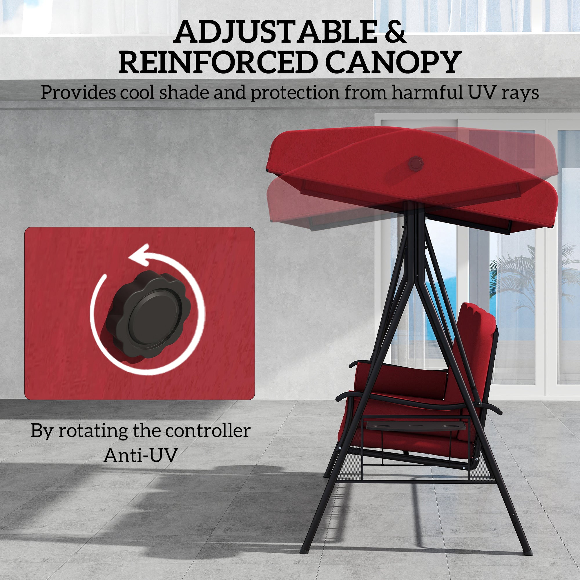 Aosom 3-Person Outdoor Swing - Wine Red Canopy Bench-DECOROLALA
