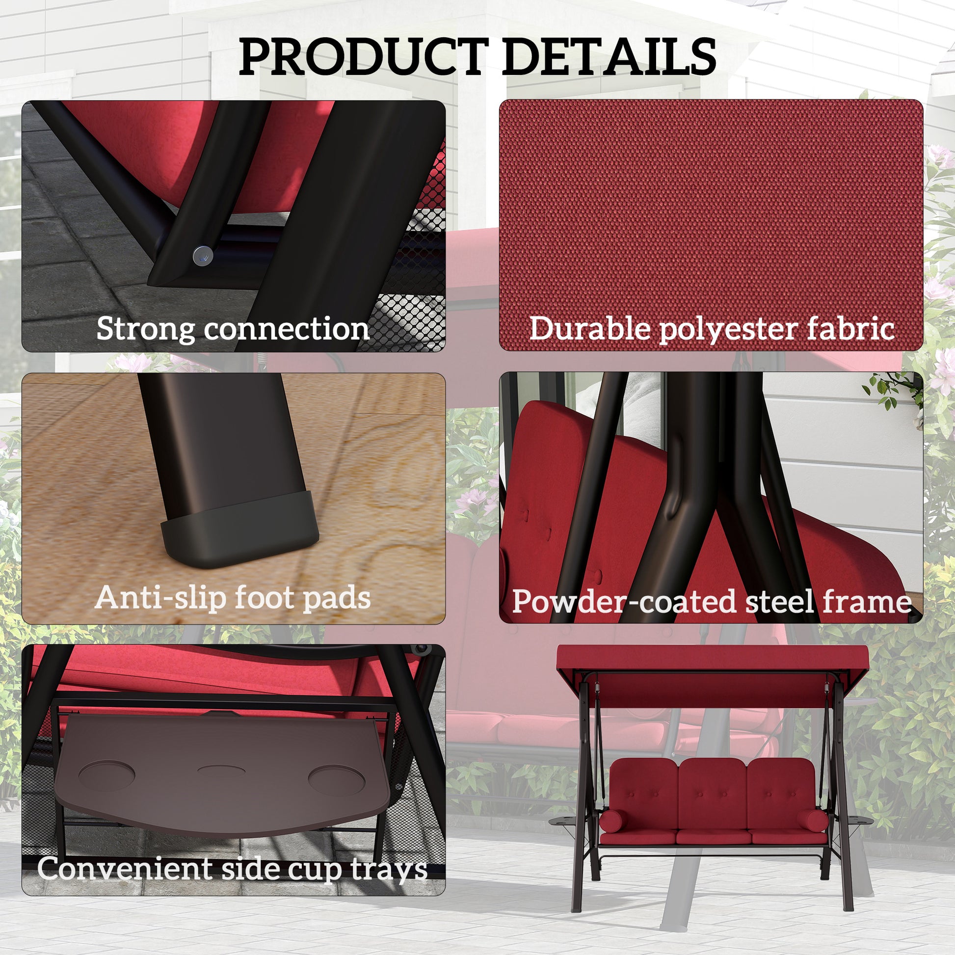 Aosom 3-Person Outdoor Swing - Wine Red Canopy Bench-DECOROLALA