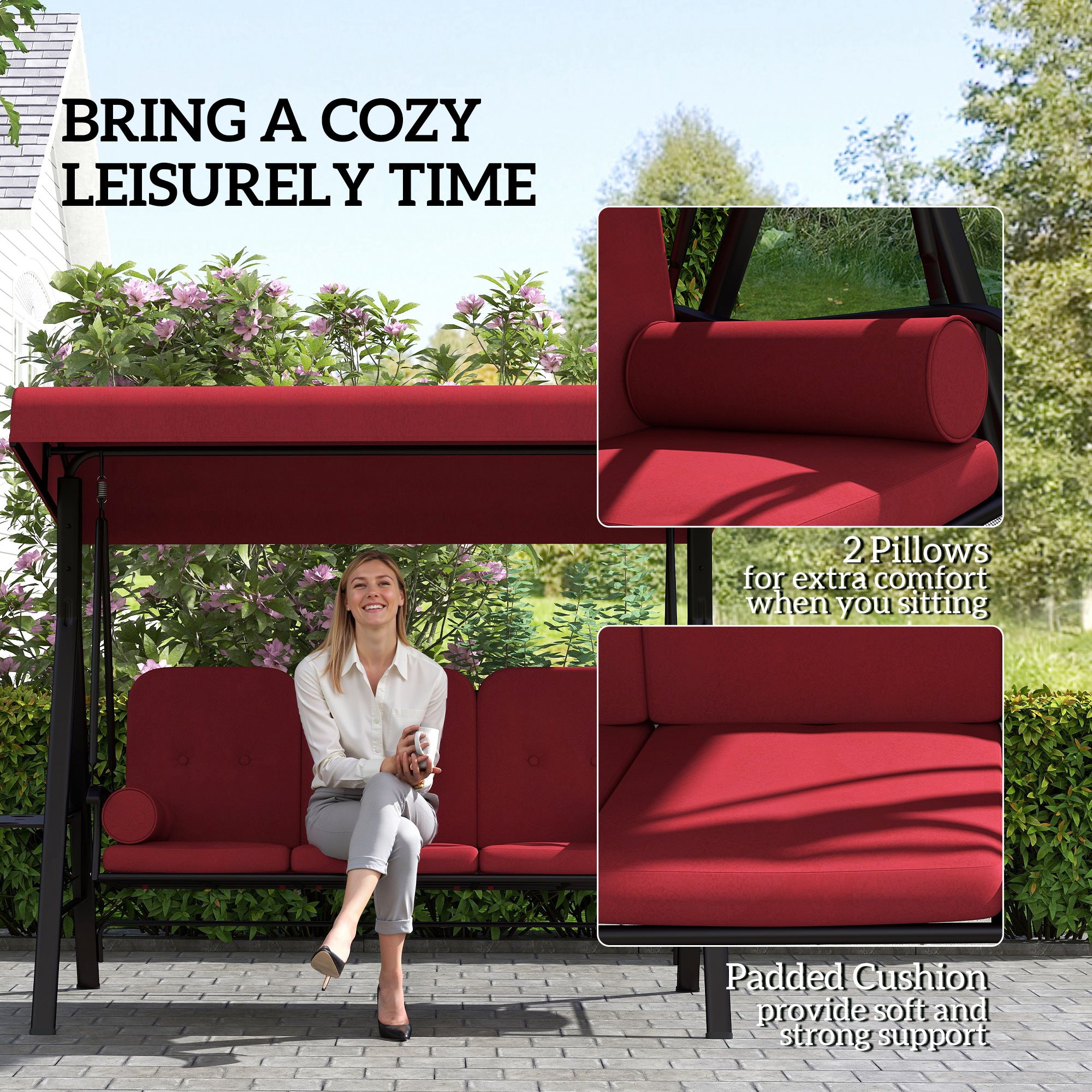 Aosom 3-Person Outdoor Swing - Wine Red Canopy Bench-DECOROLALA