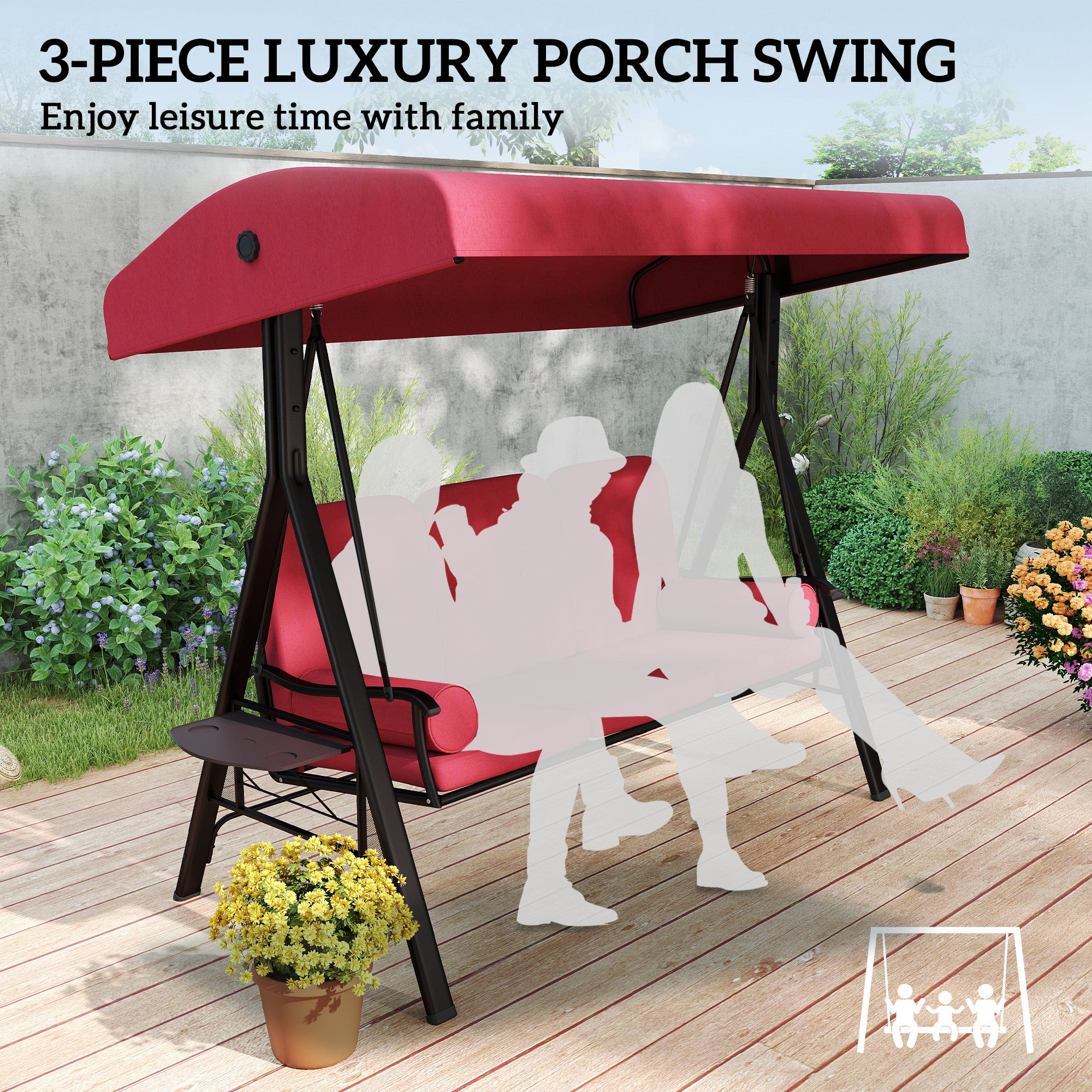 Aosom 3-Person Outdoor Swing - Wine Red Canopy Bench-DECOROLALA