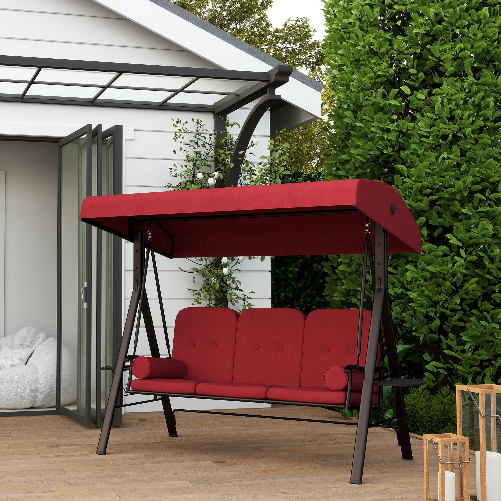 Aosom 3-Person Outdoor Swing - Wine Red Canopy Bench-DECOROLALA