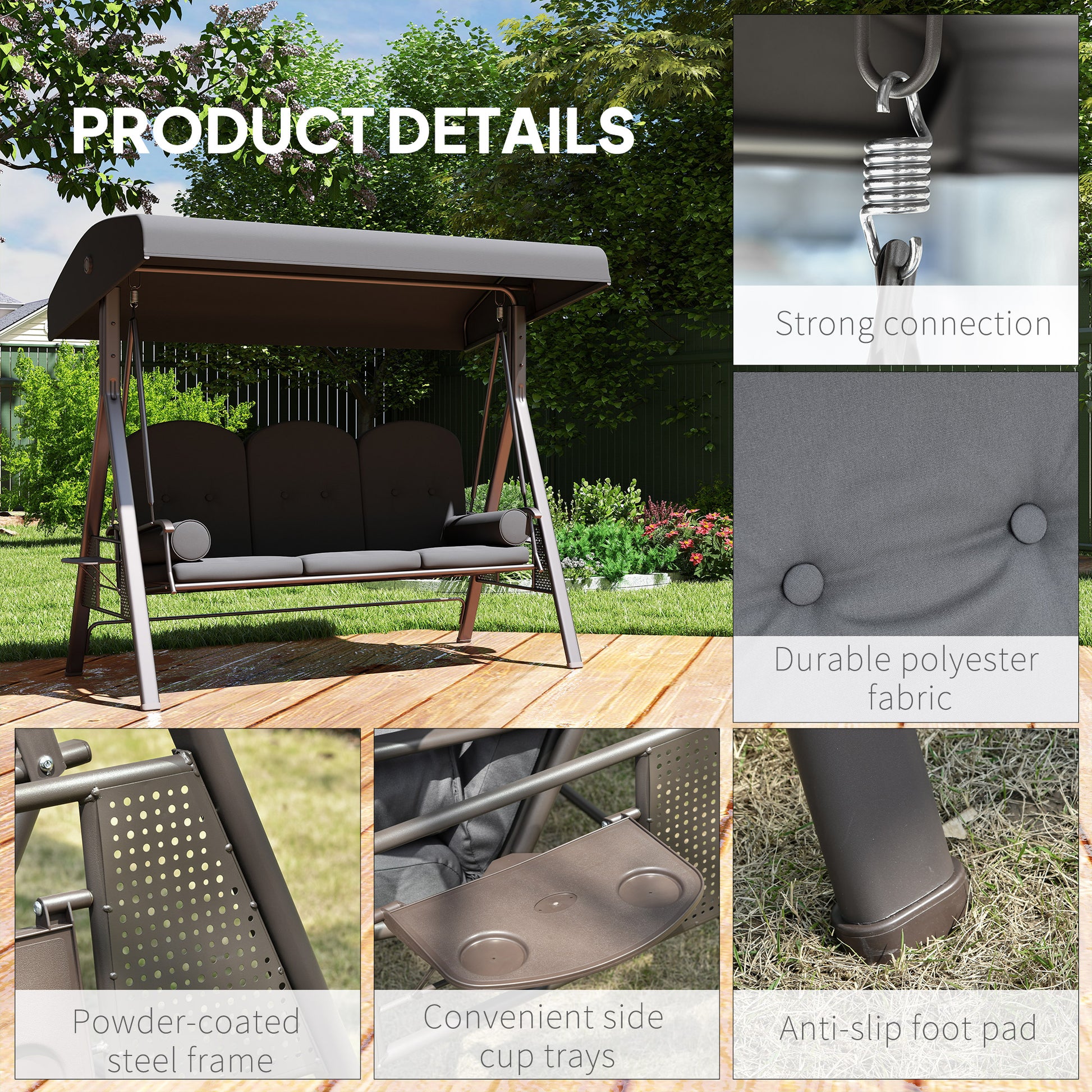 Aosom 3-Person Patio Swing Bench - Dark Grey Canopy-DECOROLALA