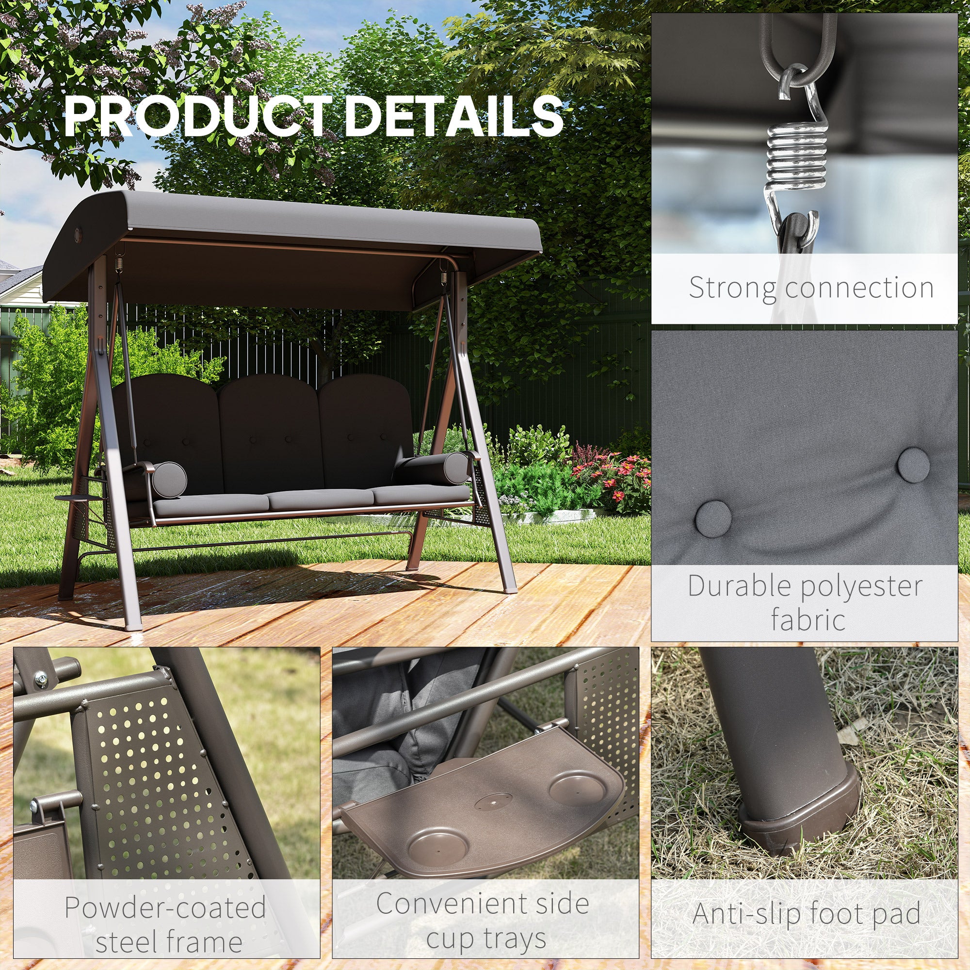 Aosom 3-Person Patio Swing Bench - Dark Grey Canopy-DECOROLALA