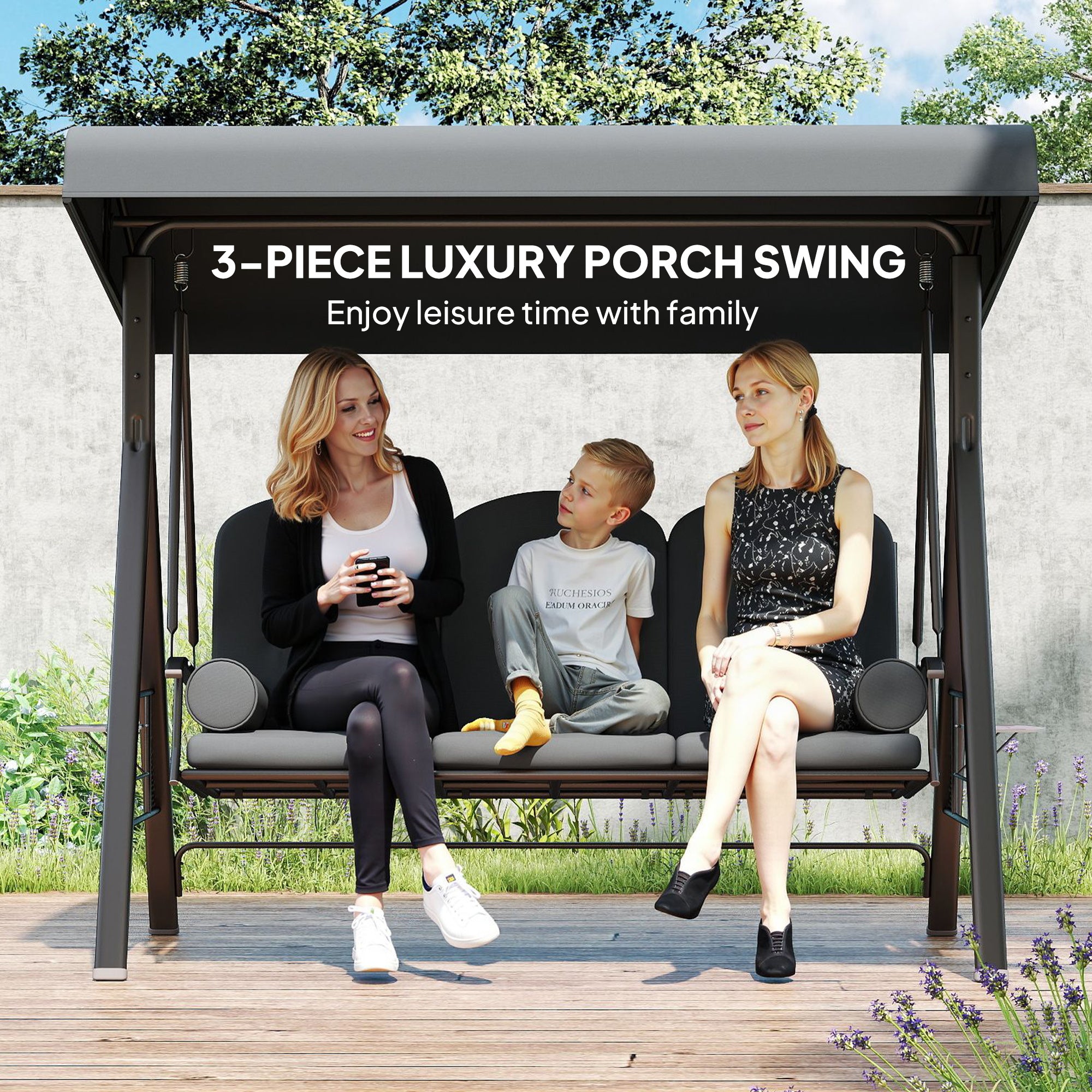 Aosom 3-Person Patio Swing Bench - Dark Grey Canopy-DECOROLALA