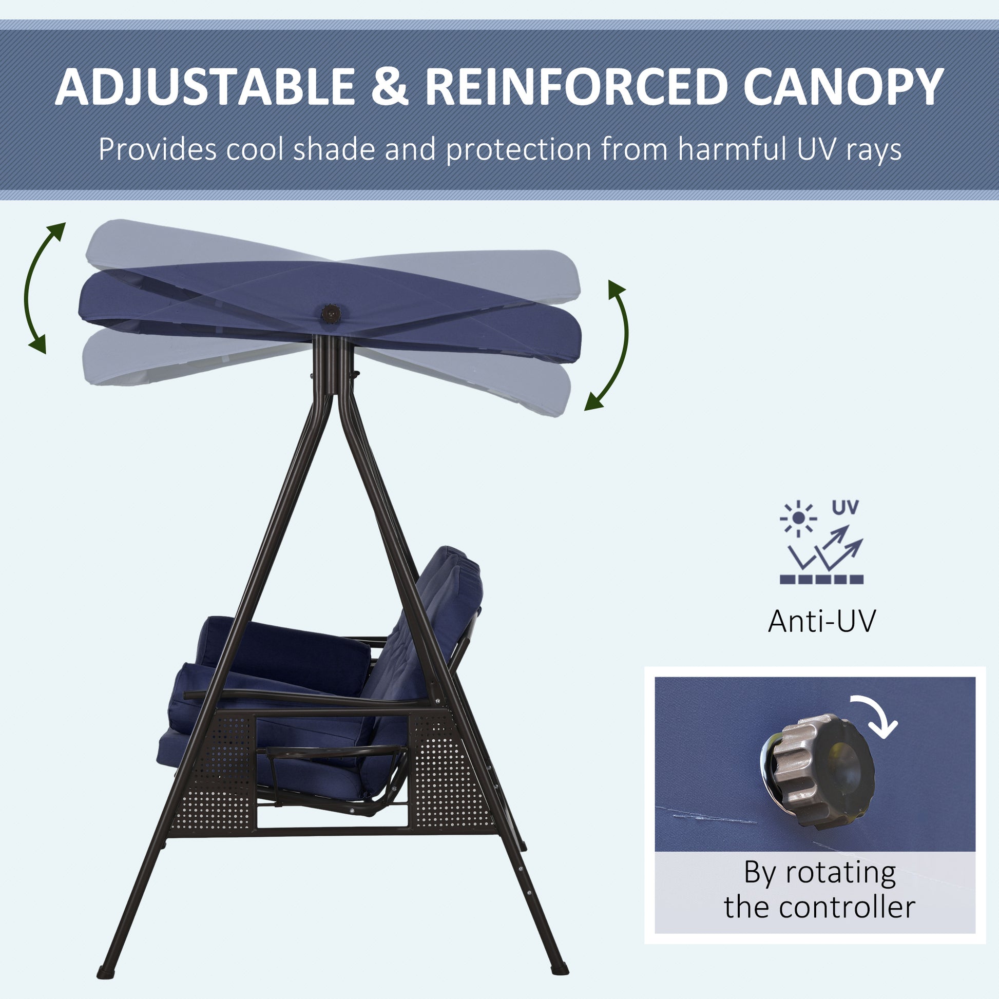 Aosom 3-Person Patio Swing - Dark Blue Canopy Bench-DECOROLALA