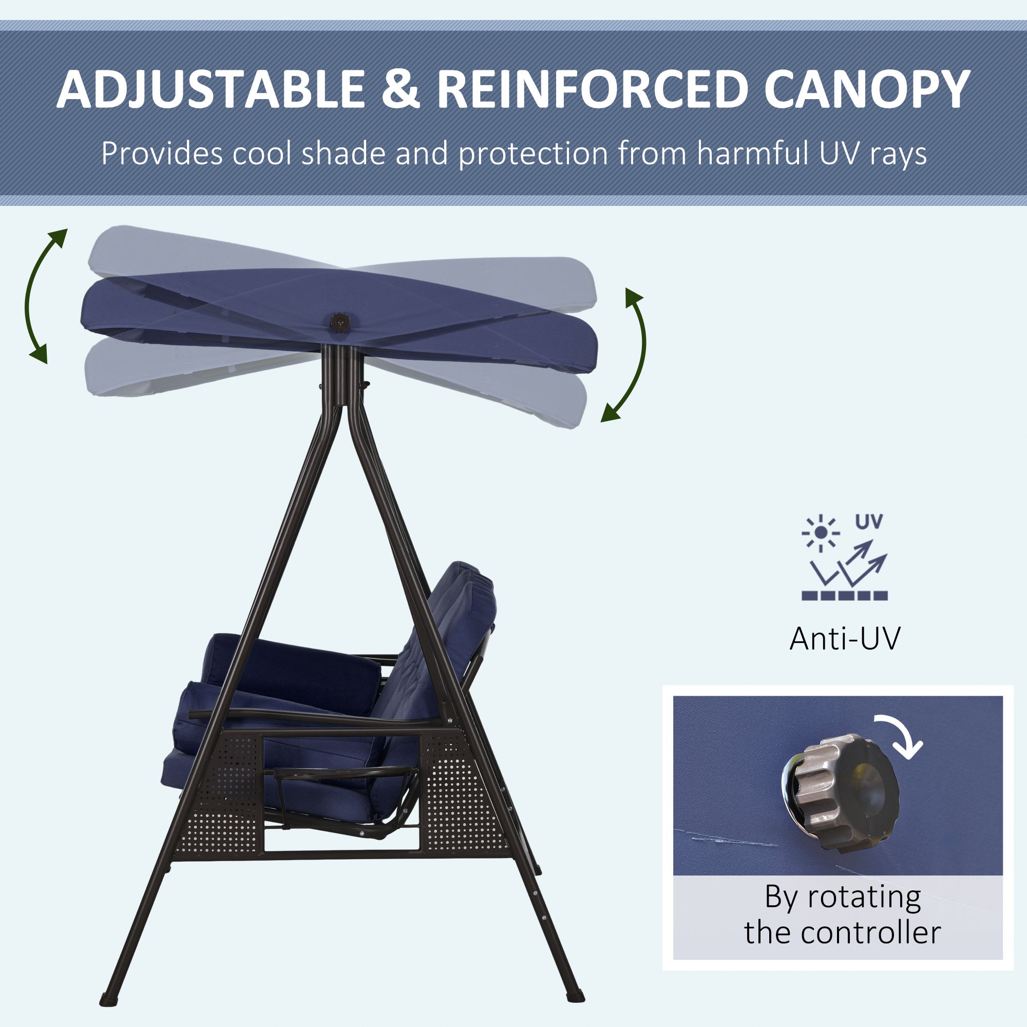 Aosom 3-Person Patio Swing - Dark Blue Canopy Bench-DECOROLALA