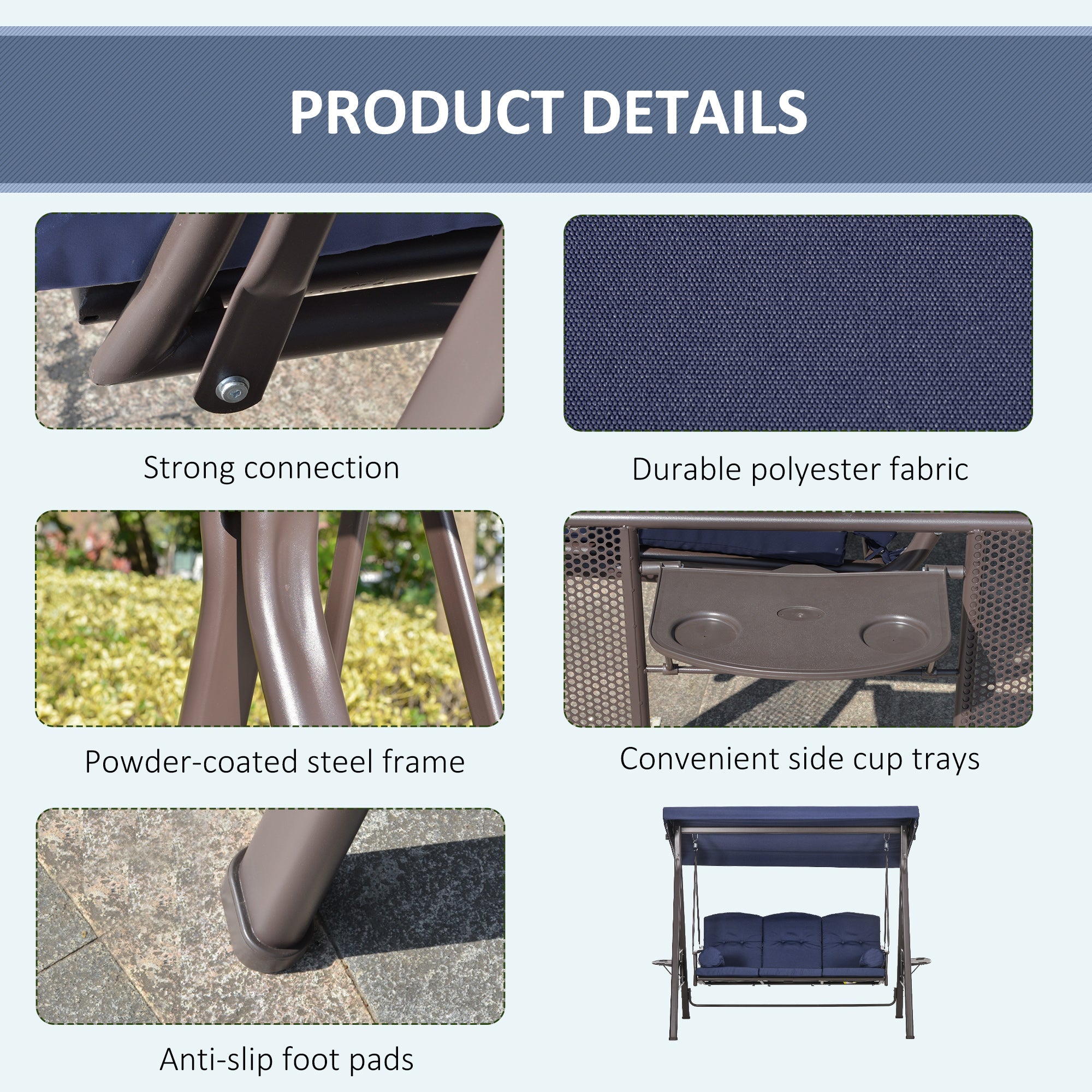 Aosom 3-Person Patio Swing - Dark Blue Canopy Bench-DECOROLALA