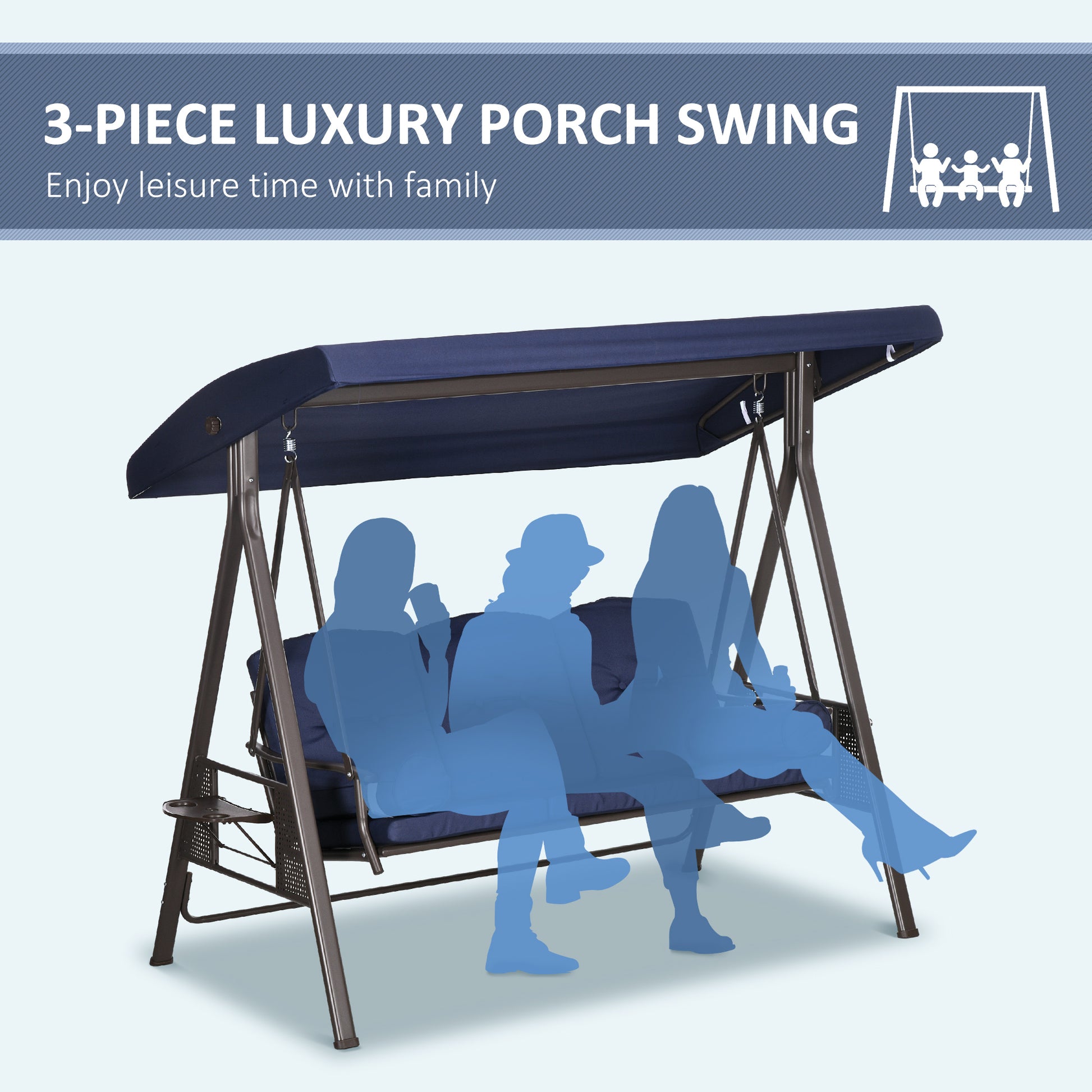 Aosom 3-Person Patio Swing - Dark Blue Canopy Bench-DECOROLALA