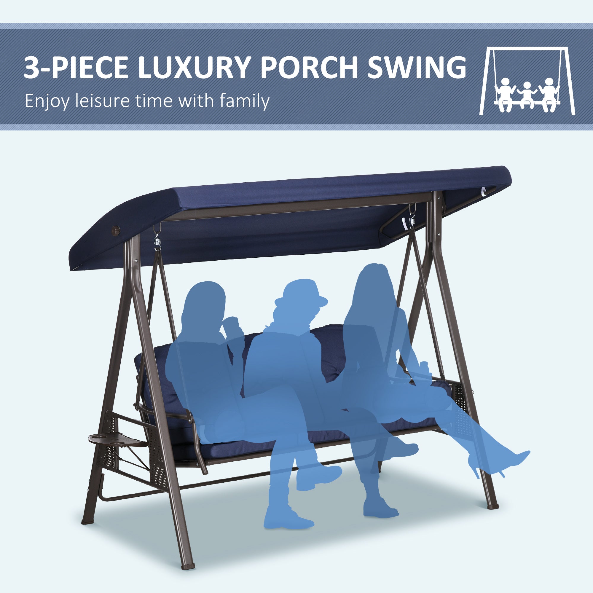 Aosom 3-Person Patio Swing - Dark Blue Canopy Bench-DECOROLALA