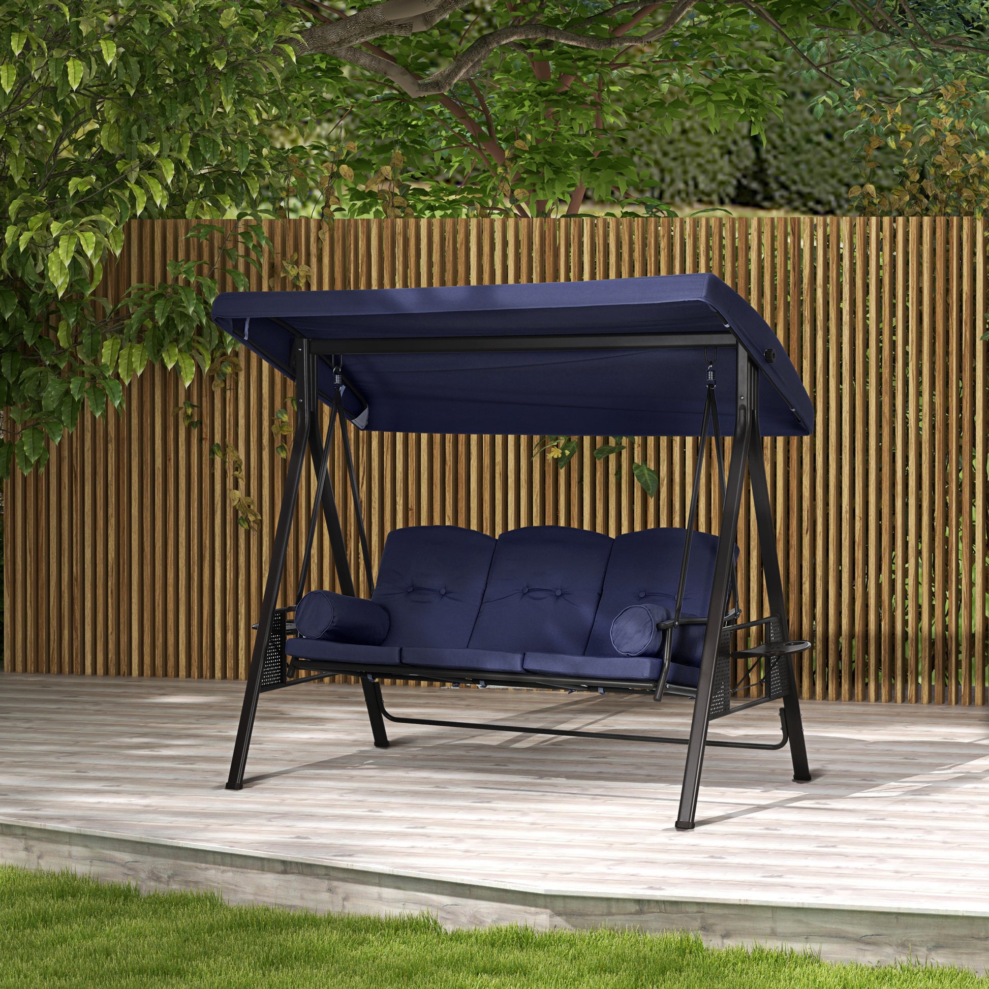 Aosom 3-Person Patio Swing - Dark Blue Canopy Bench-DECOROLALA