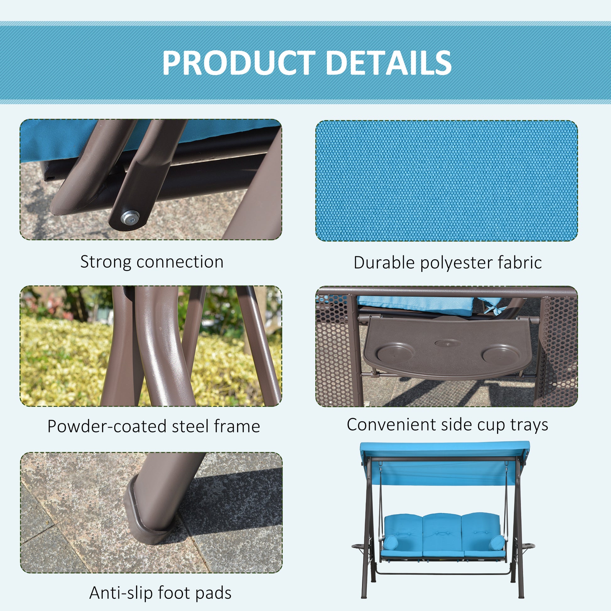 Aosom 3-Person Patio Swing - Light Blue Canopy-DECOROLALA