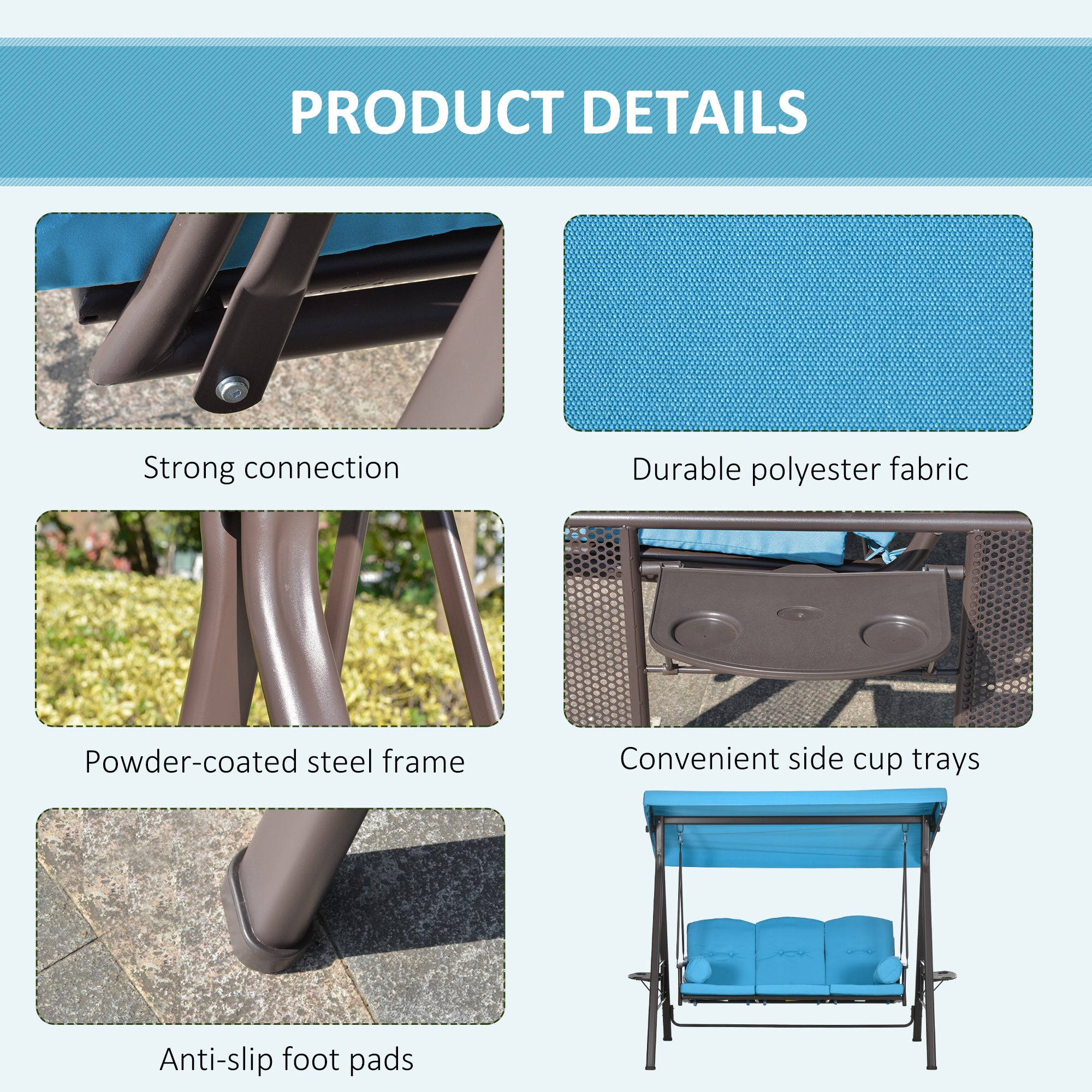 Aosom 3-Person Patio Swing - Light Blue Canopy-DECOROLALA