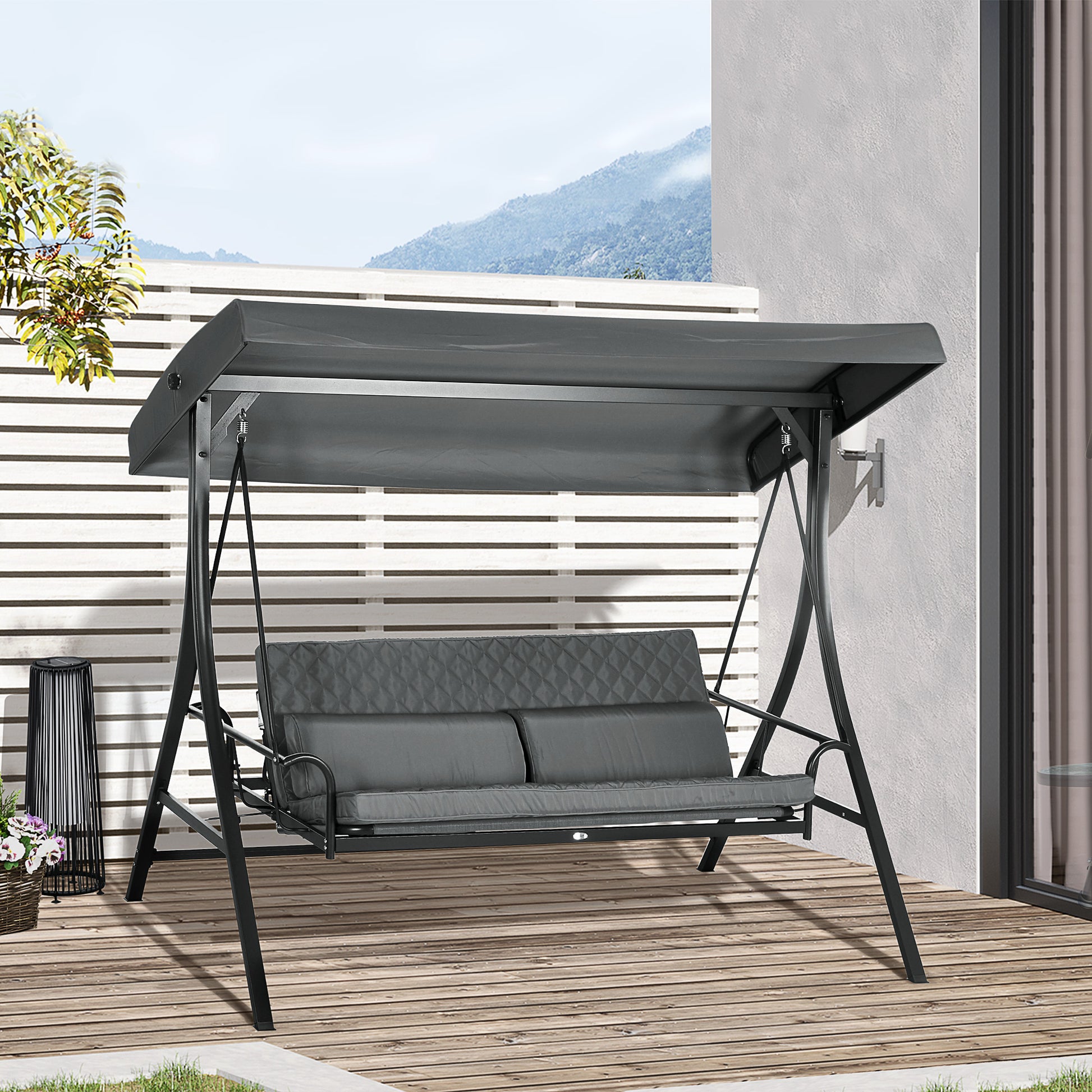 Aosom 3-Person Porch Swing Bed Canopy Dark Grey-DECOROLALA