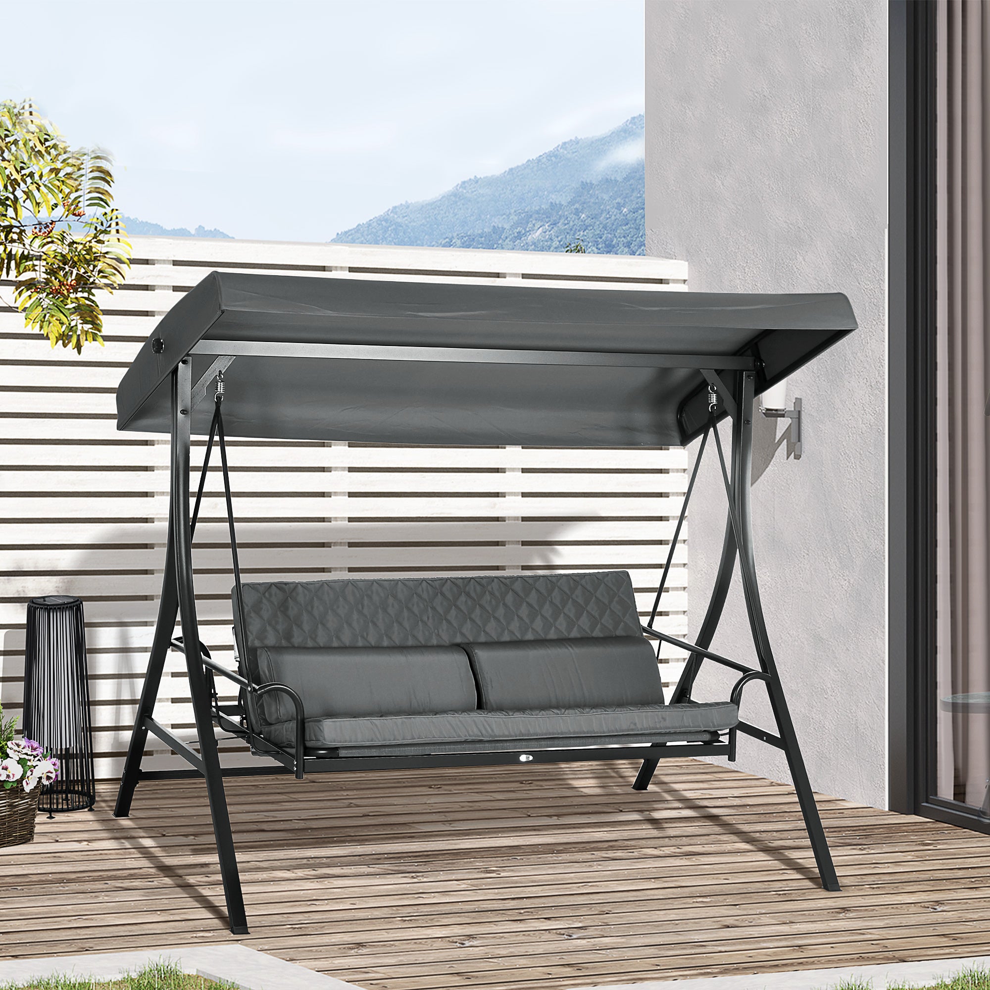 Aosom 3-Person Porch Swing Bed Canopy Dark Grey-DECOROLALA
