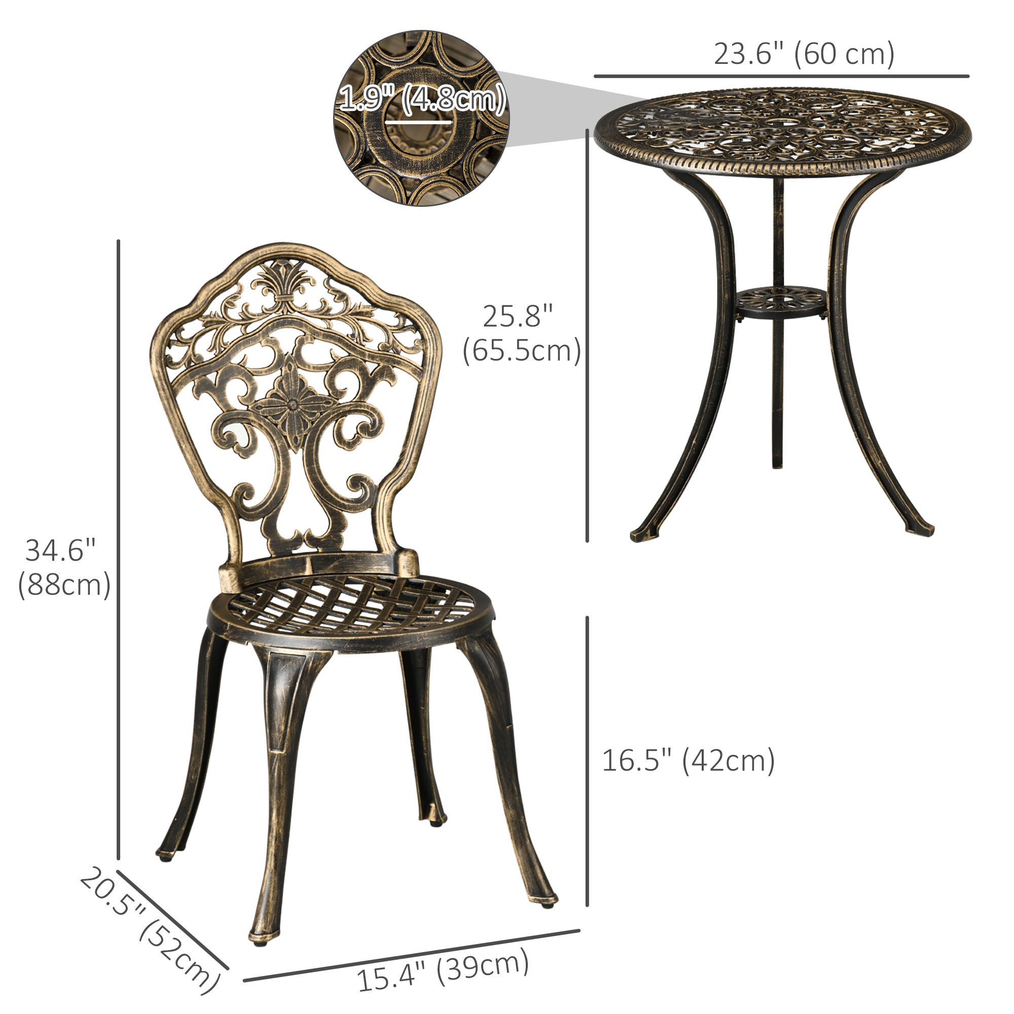 Aosom 3-Piece Garden Bistro Set, Bronze Aluminum Chairs & Table with Parasol Hole-DECOROLALA