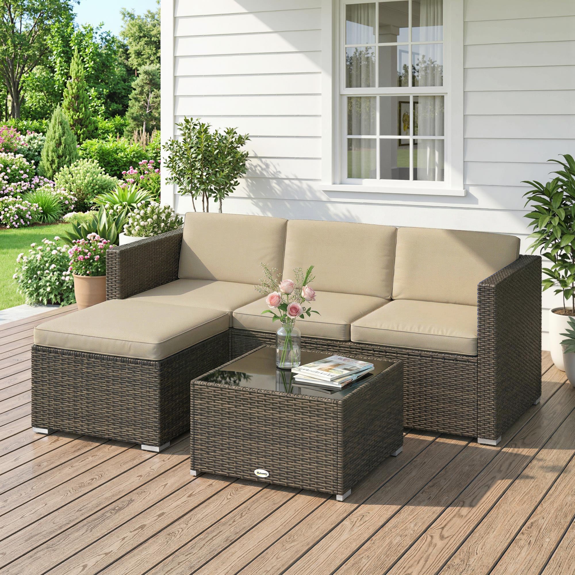 Aosom 3 Piece PE Rattan Patio Furniture Set - Khaki-DECOROLALA