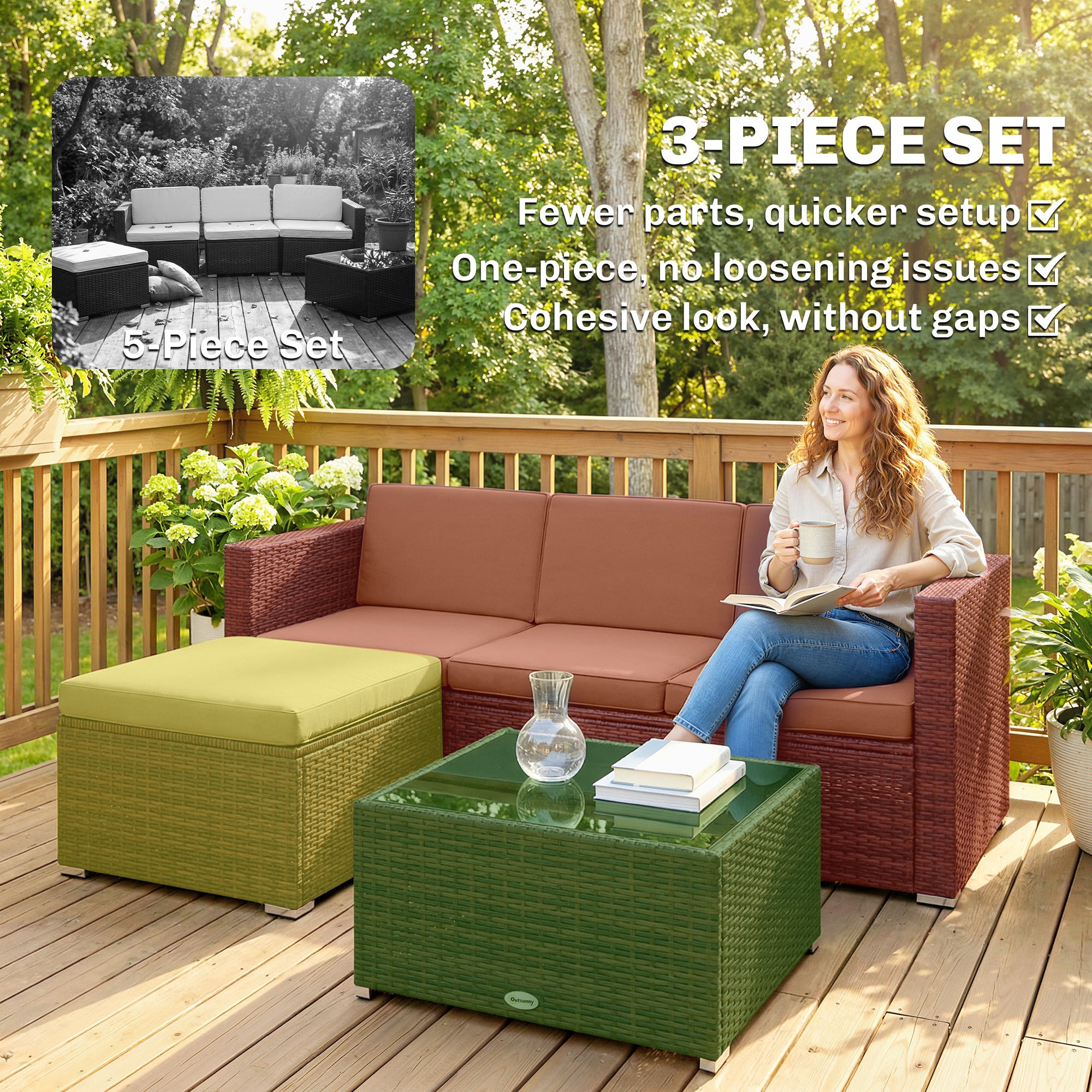 Aosom 3 Piece PE Rattan Patio Furniture Set - Light Green-DECOROLALA