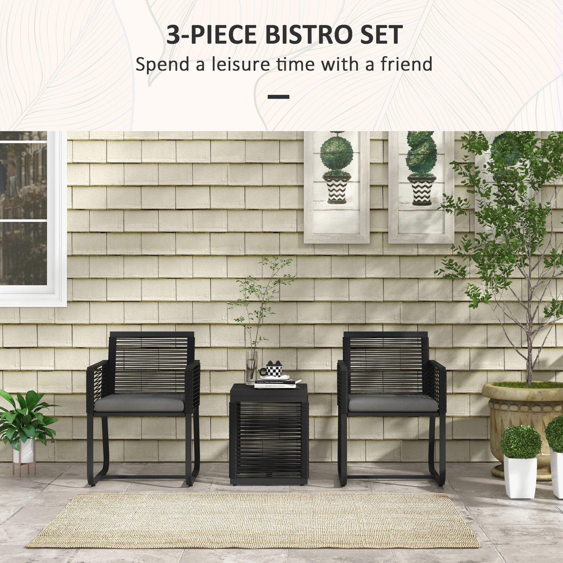 Aosom 3-Piece Rattan Bistro Set - Black w/ Cushions-DECOROLALA