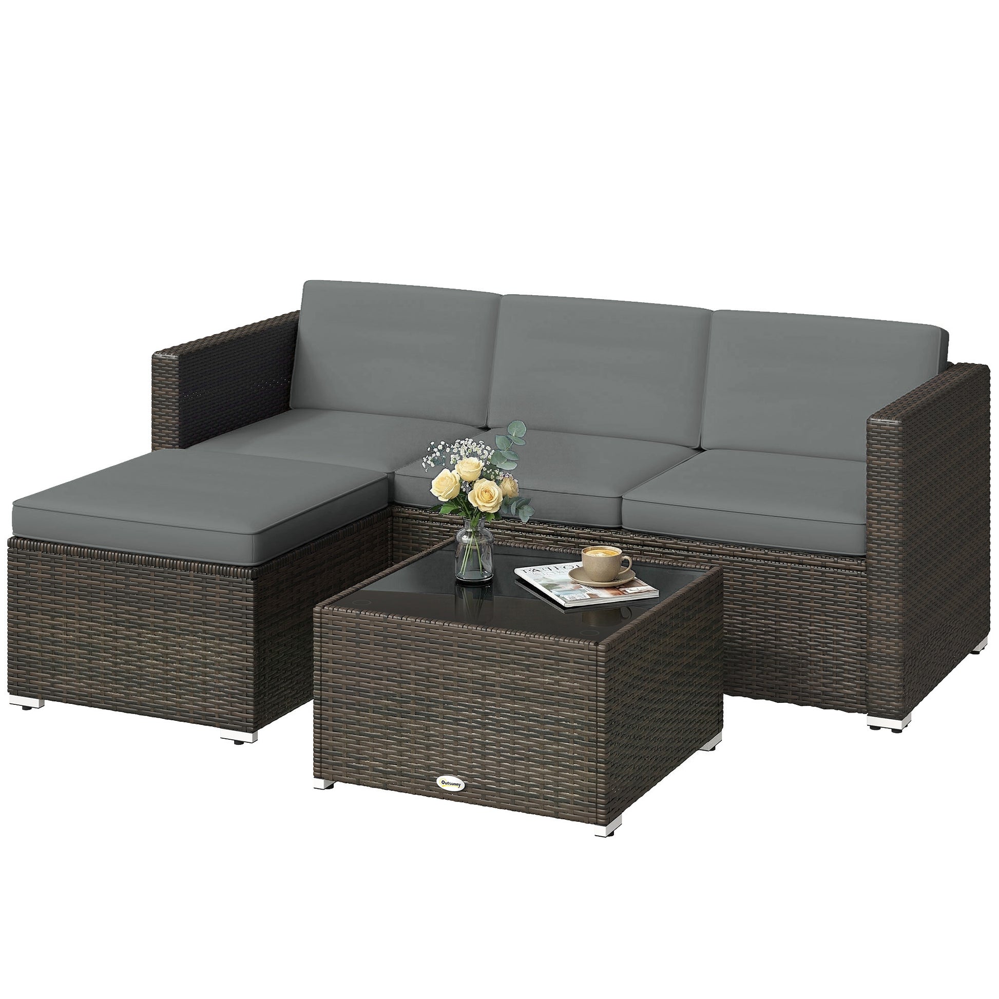 Aosom 3 Piece Rattan Patio Furniture Set - PE Wicker Corner Sofa-DECOROLALA
