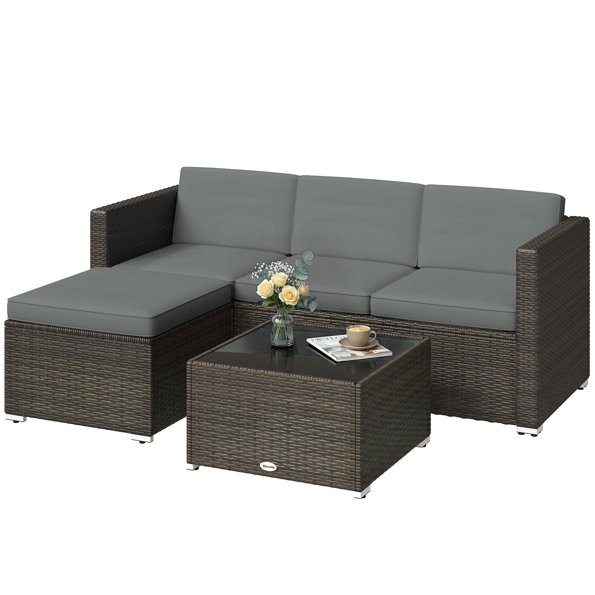 Aosom 3 Piece Rattan Patio Furniture Set - PE Wicker Corner Sofa-DECOROLALA