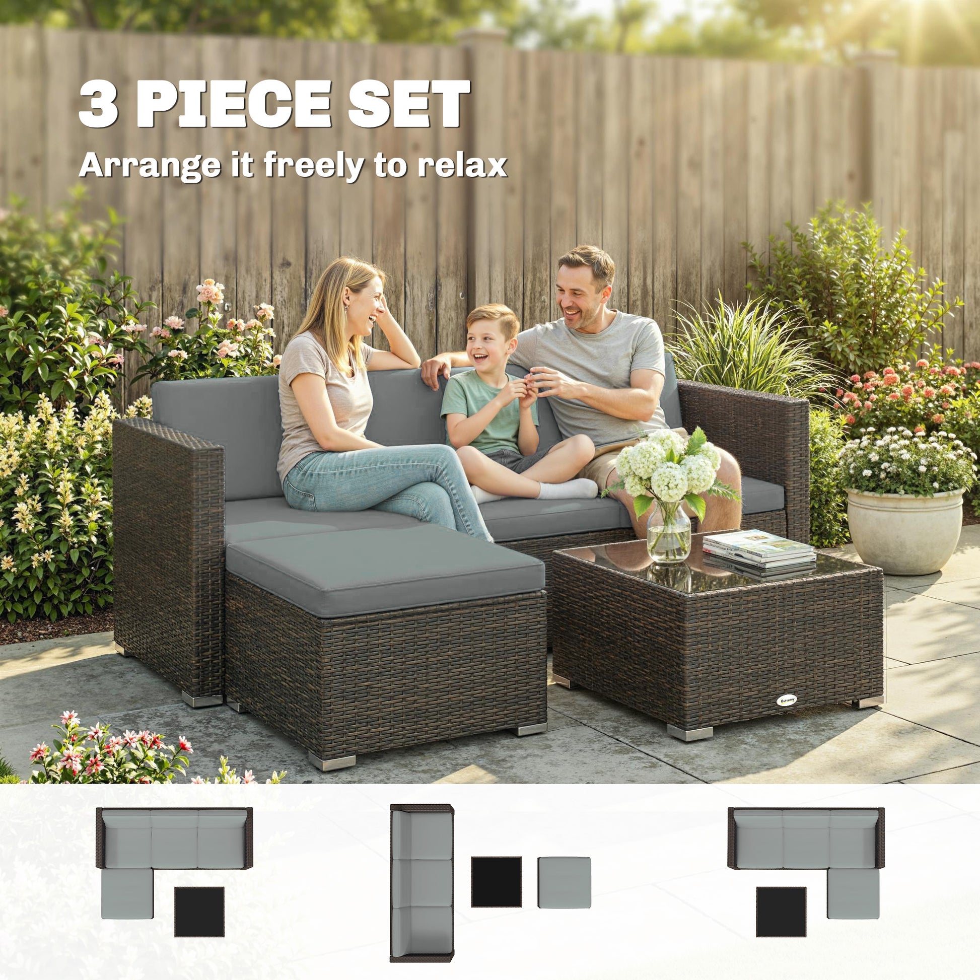 Aosom 3 Piece Rattan Patio Furniture Set - PE Wicker Corner Sofa-DECOROLALA