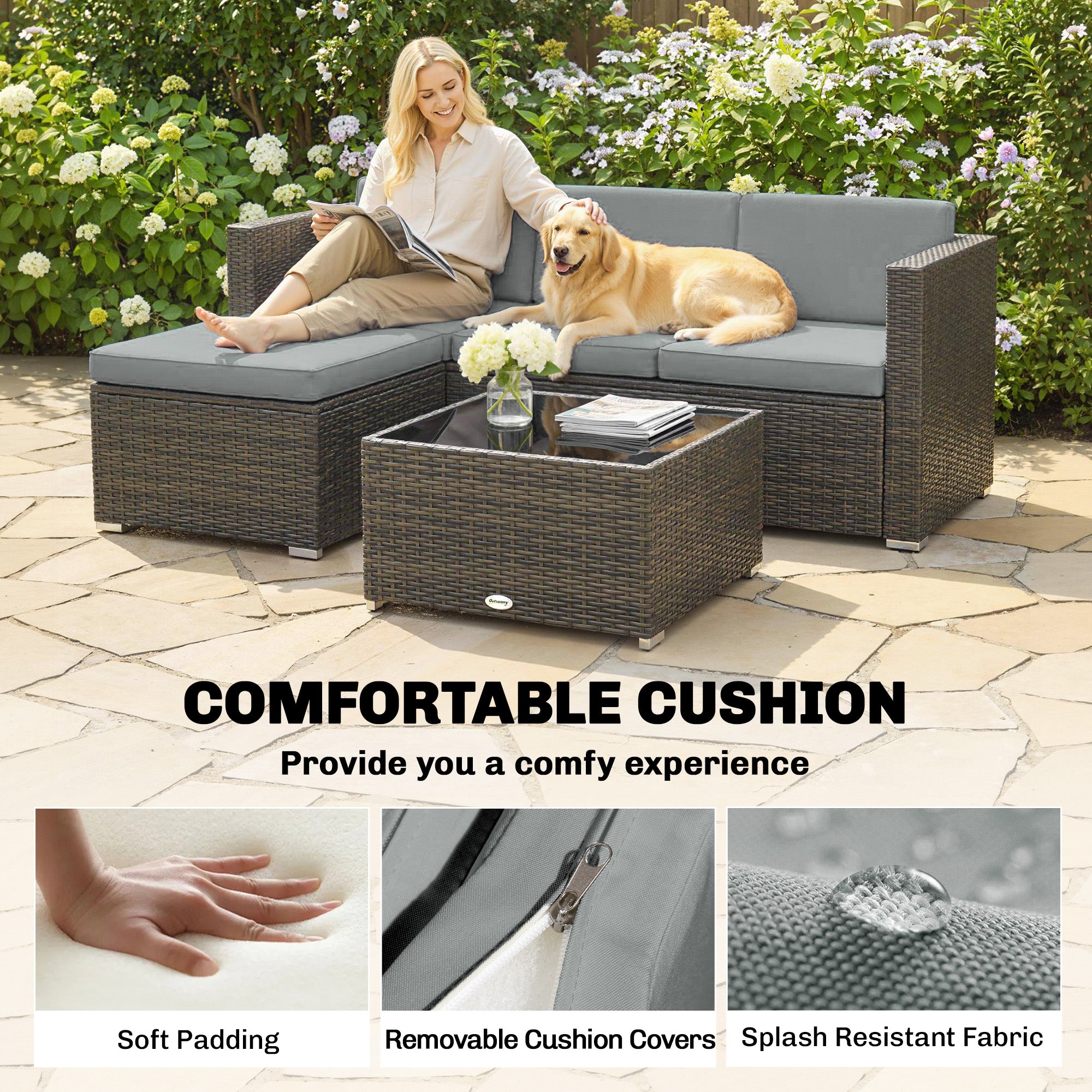 Aosom 3 Piece Rattan Patio Furniture Set - PE Wicker Corner Sofa-DECOROLALA