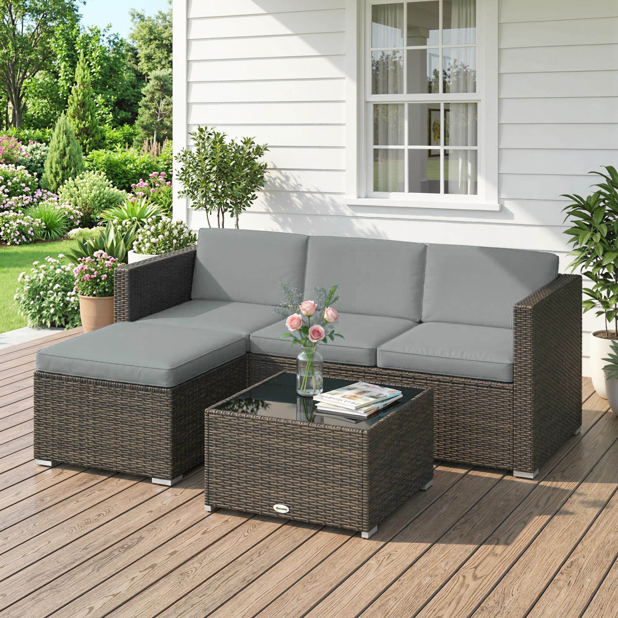 Aosom 3 Piece Rattan Patio Furniture Set - PE Wicker Corner Sofa-DECOROLALA