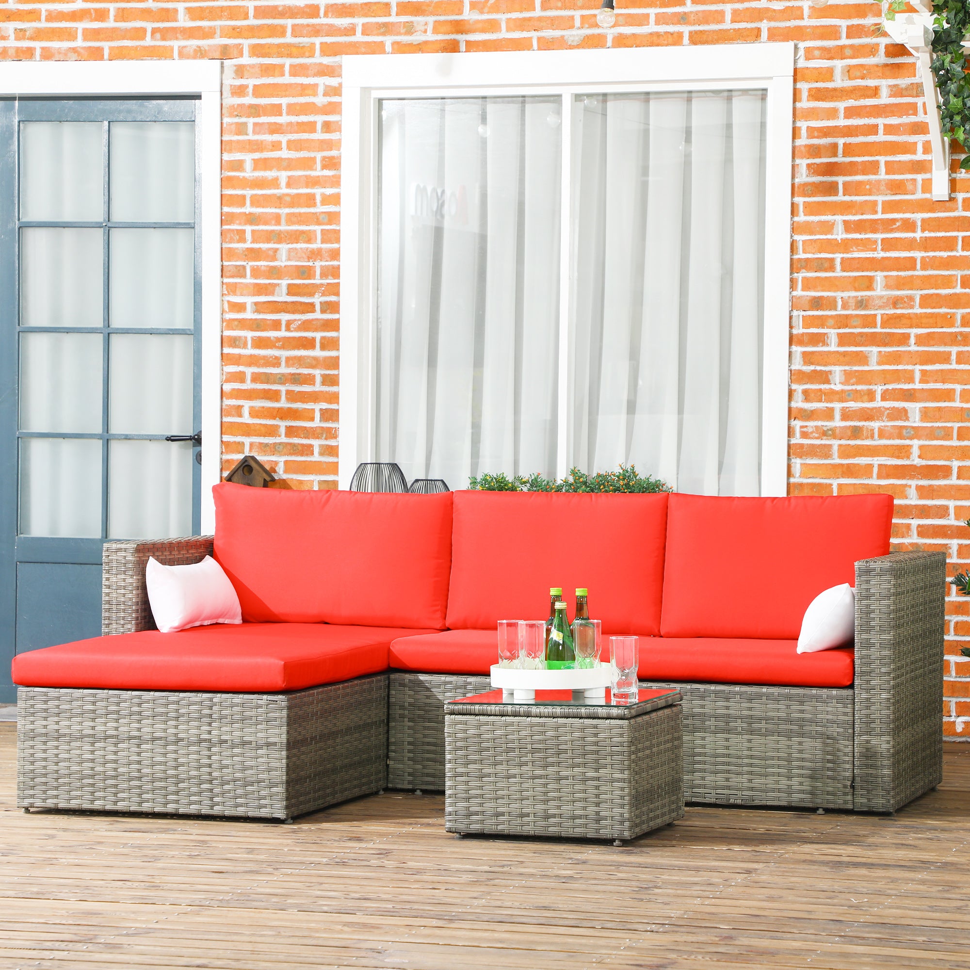 Aosom 3-Piece Rattan Patio Furniture Set - Red-DECOROLALA