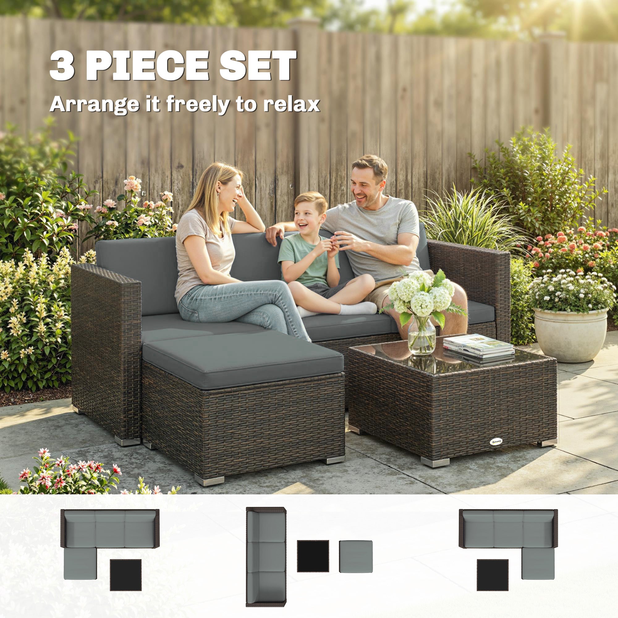 Aosom 3-Piece Rattan Patio Set - Dark Grey Sofa-DECOROLALA