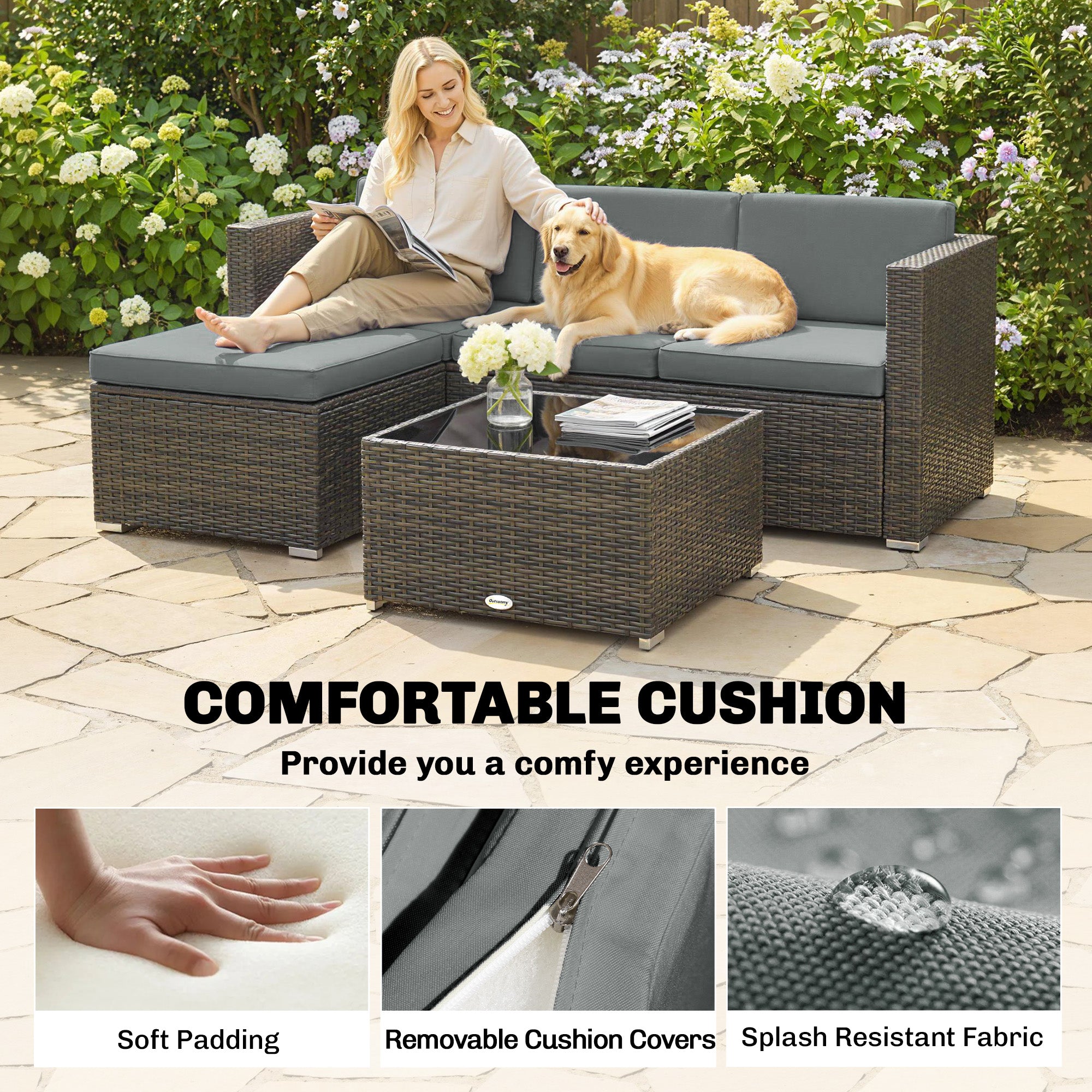Aosom 3-Piece Rattan Patio Set - Dark Grey Sofa-DECOROLALA