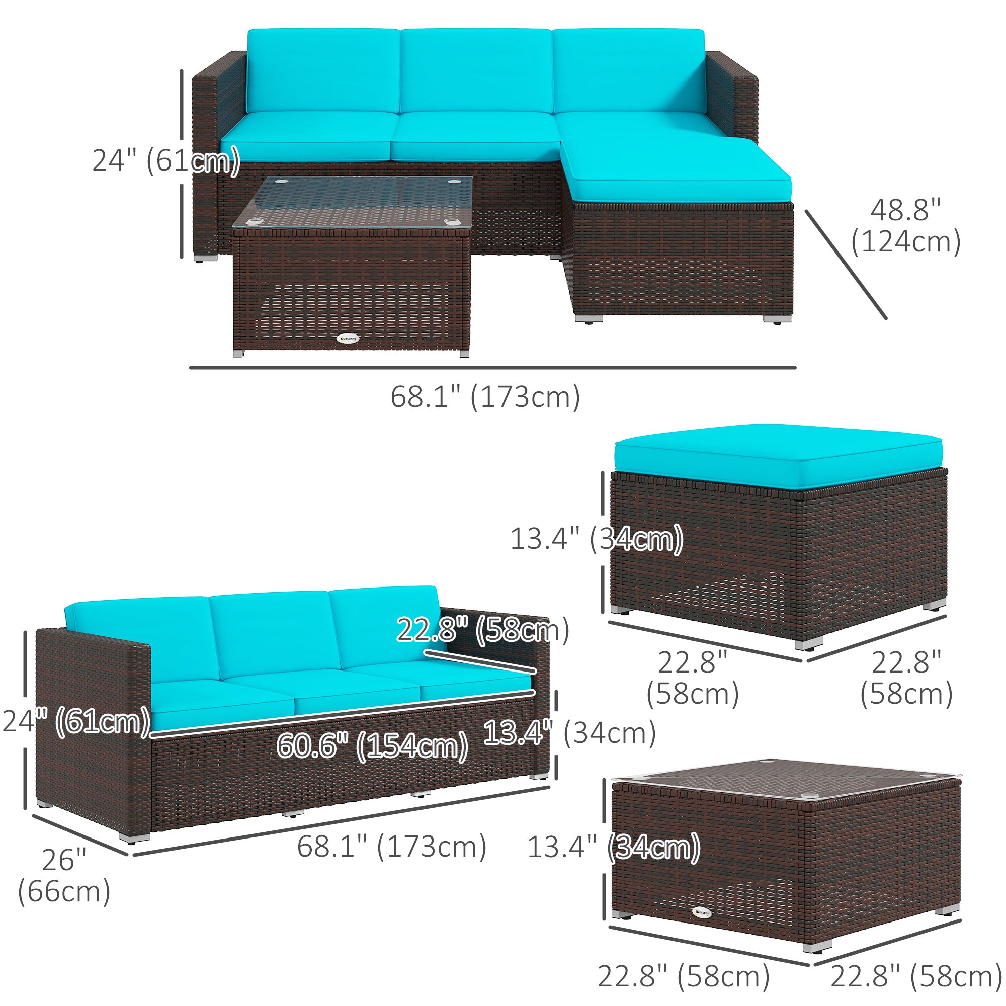 Aosom 3-Piece Rattan Patio Sofa Set - Turquoise-DECOROLALA