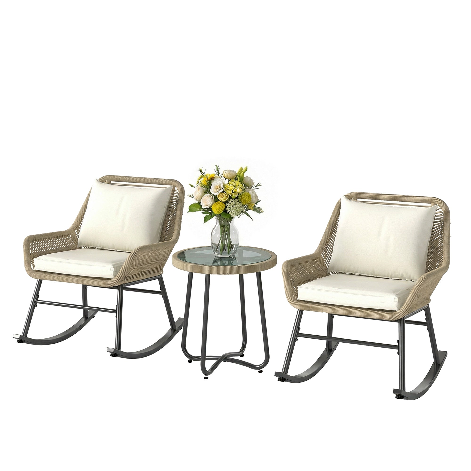 Aosom 3-Piece Rocking Bistro Set, Cream White Patio Furniture with Cushions, Glass Table-DECOROLALA