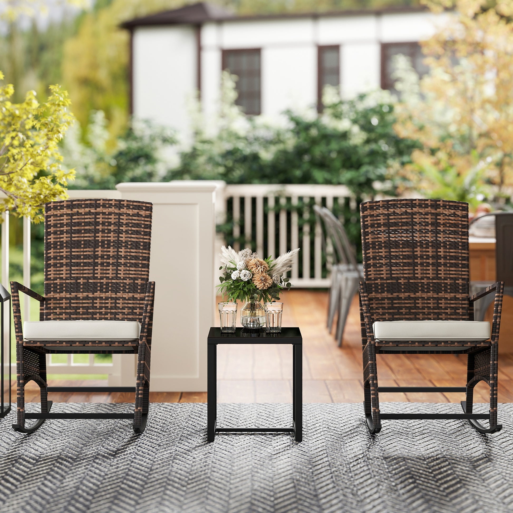 Aosom 3 Piece Rocking Bistro Set White Wicker Patio-DECOROLALA