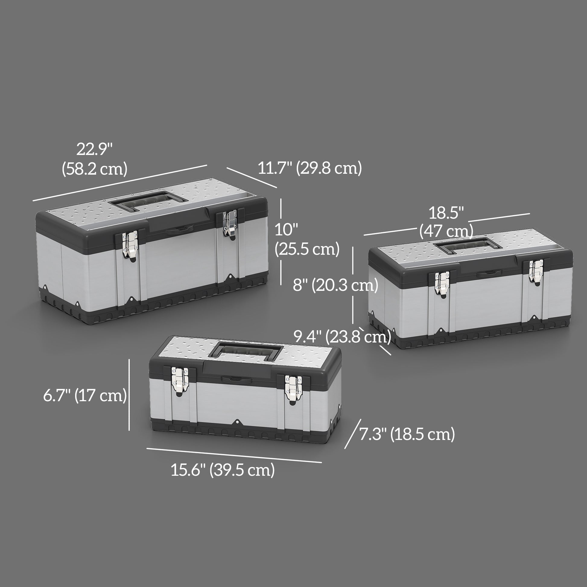 Aosom 3-Piece Stainless Steel Tool Box Set with Trays - Silver/Black-Home Improvement > Tools > Tool Organizers-DECOROLALA