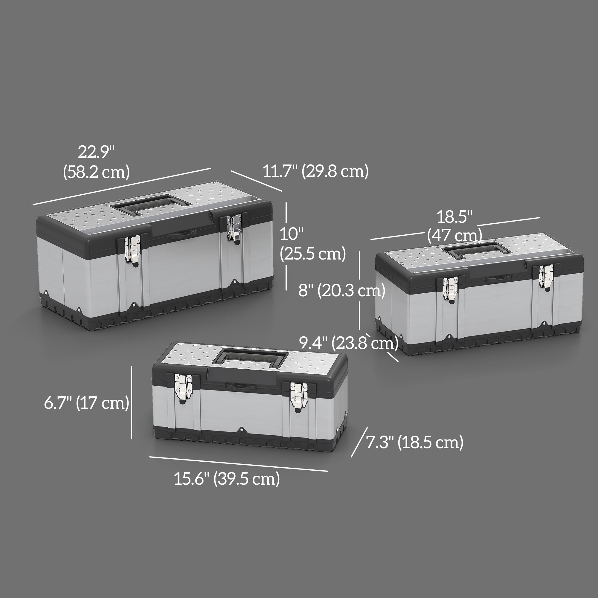 Aosom 3-Piece Stainless Steel Tool Box Set with Trays - Silver/Black-Home Improvement > Tools > Tool Organizers-DECOROLALA
