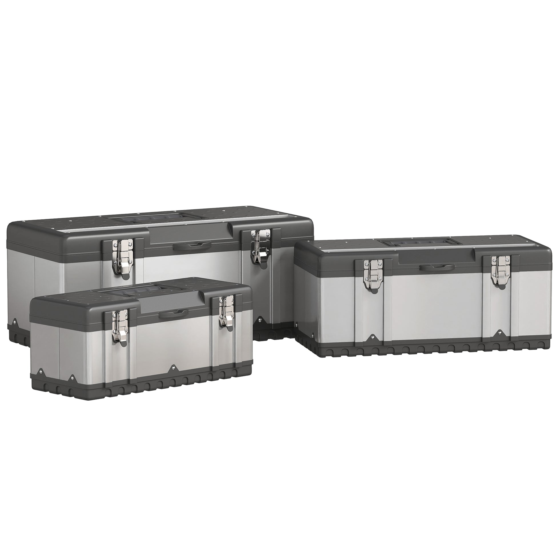 Aosom 3-Piece Stainless Steel Tool Box Set with Trays - Silver/Black-Home Improvement > Tools > Tool Organizers-DECOROLALA