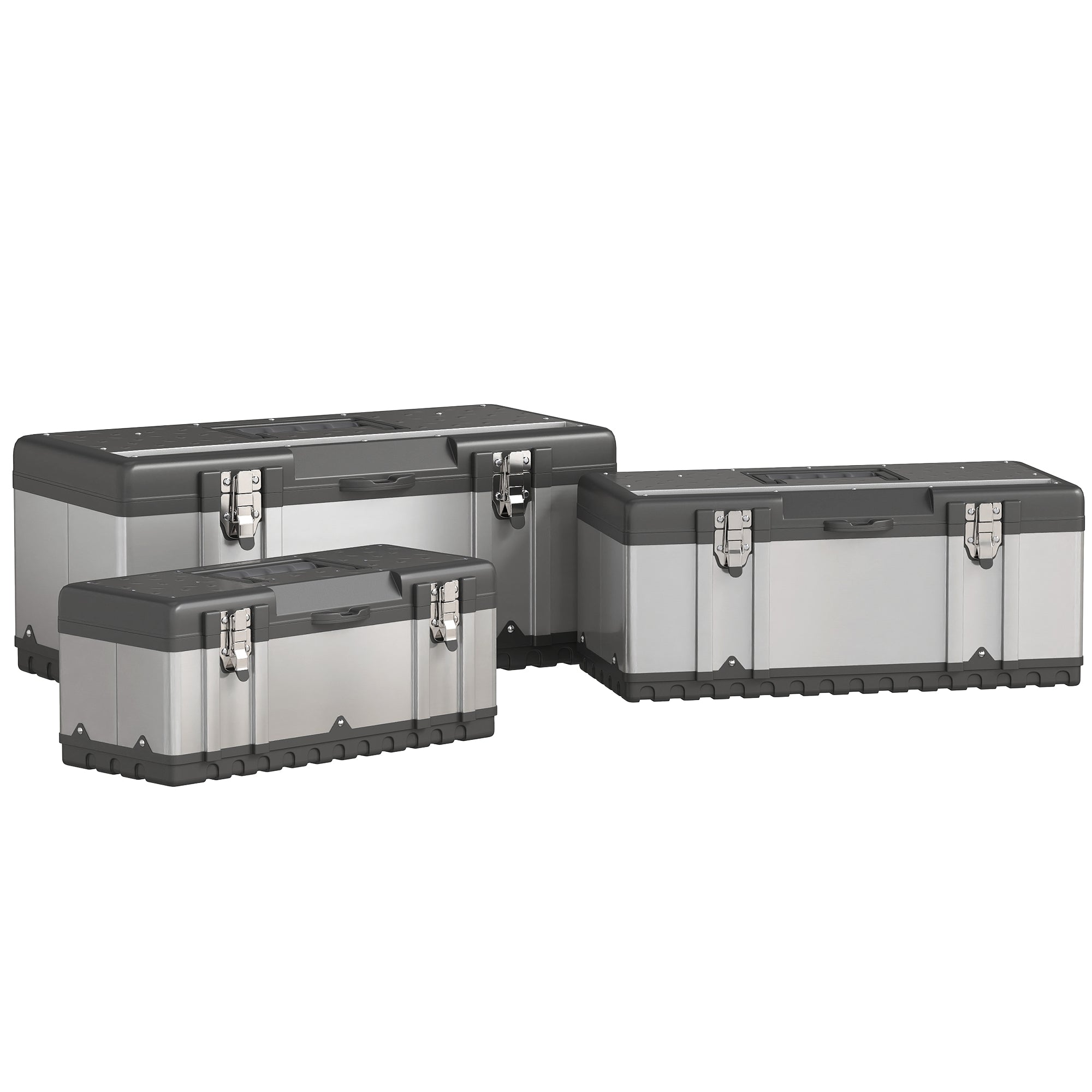 Aosom 3-Piece Stainless Steel Tool Box Set with Trays - Silver/Black-Home Improvement > Tools > Tool Organizers-DECOROLALA