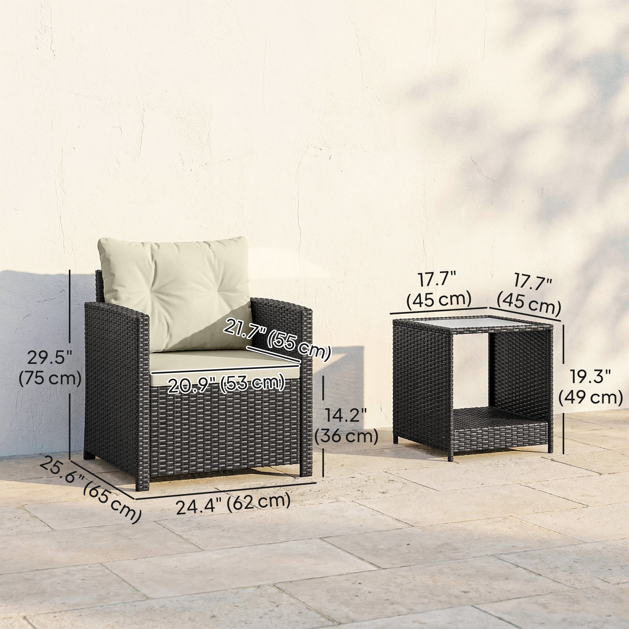Aosom 3-Piece Wicker Outdoor Bistro Set with 2-Tier Table - Beige-DECOROLALA
