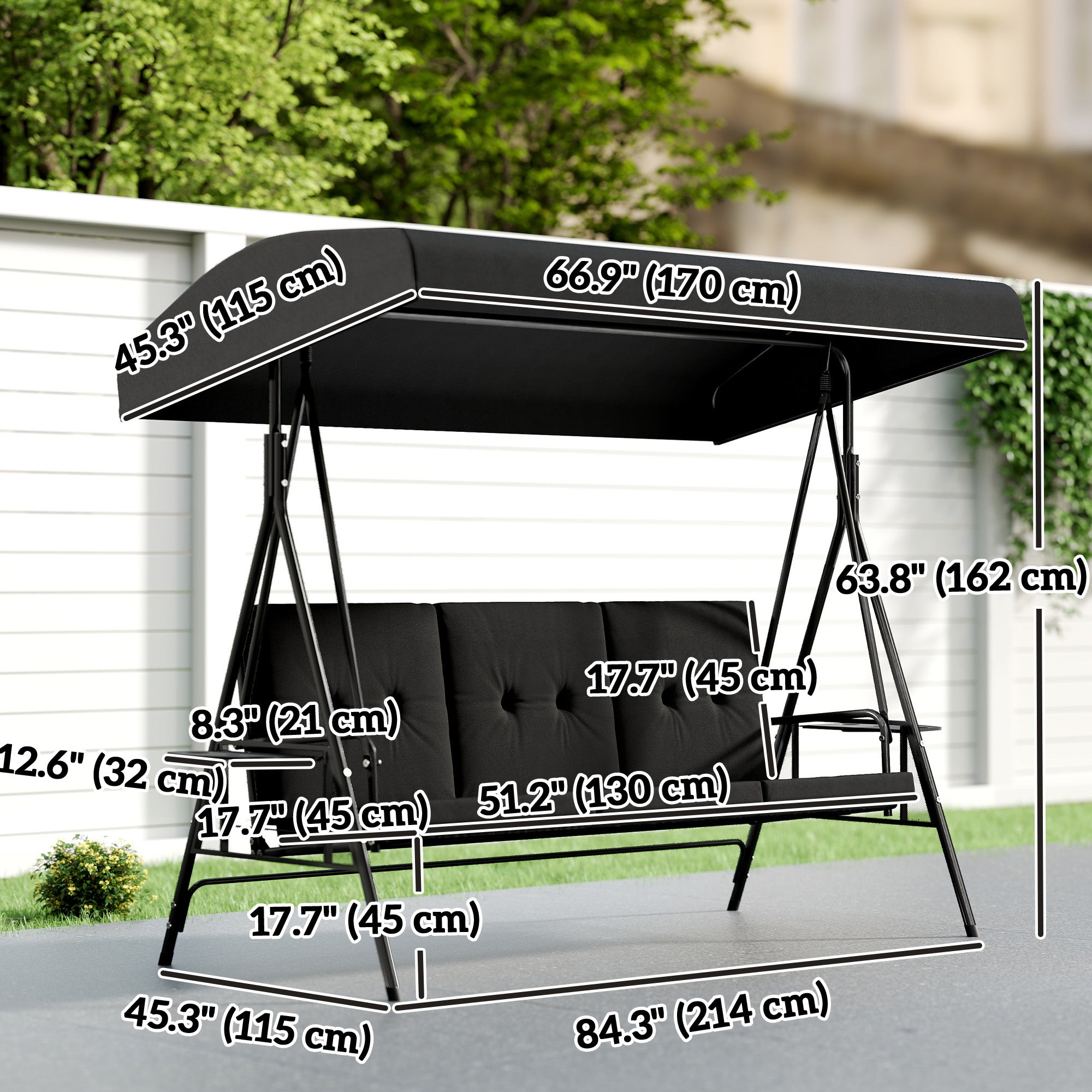 Aosom 3-Seat Patio Swing - Black Adjustable Canopy-DECOROLALA