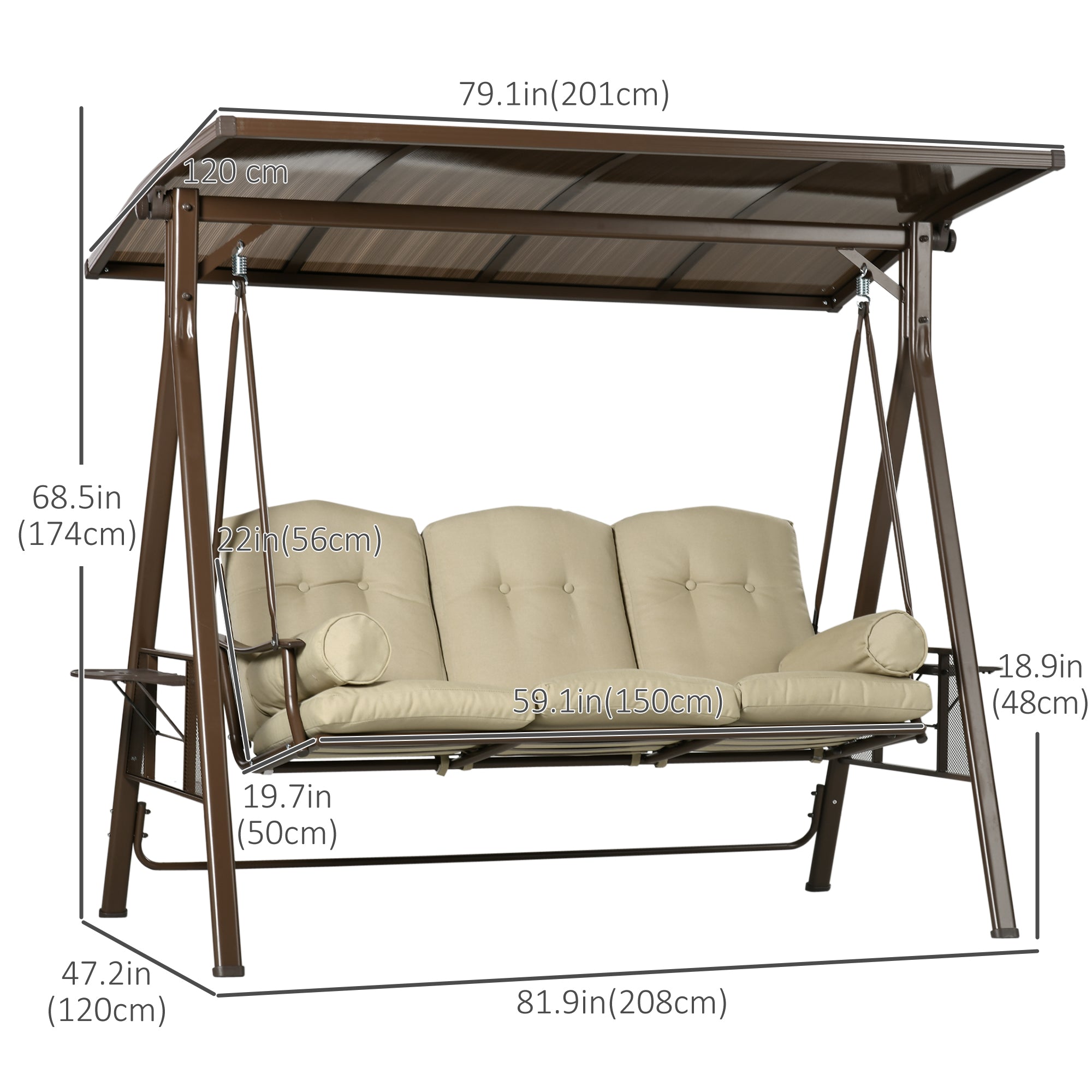 Aosom 3-Seat Patio Swing with Canopy - Khaki-DECOROLALA