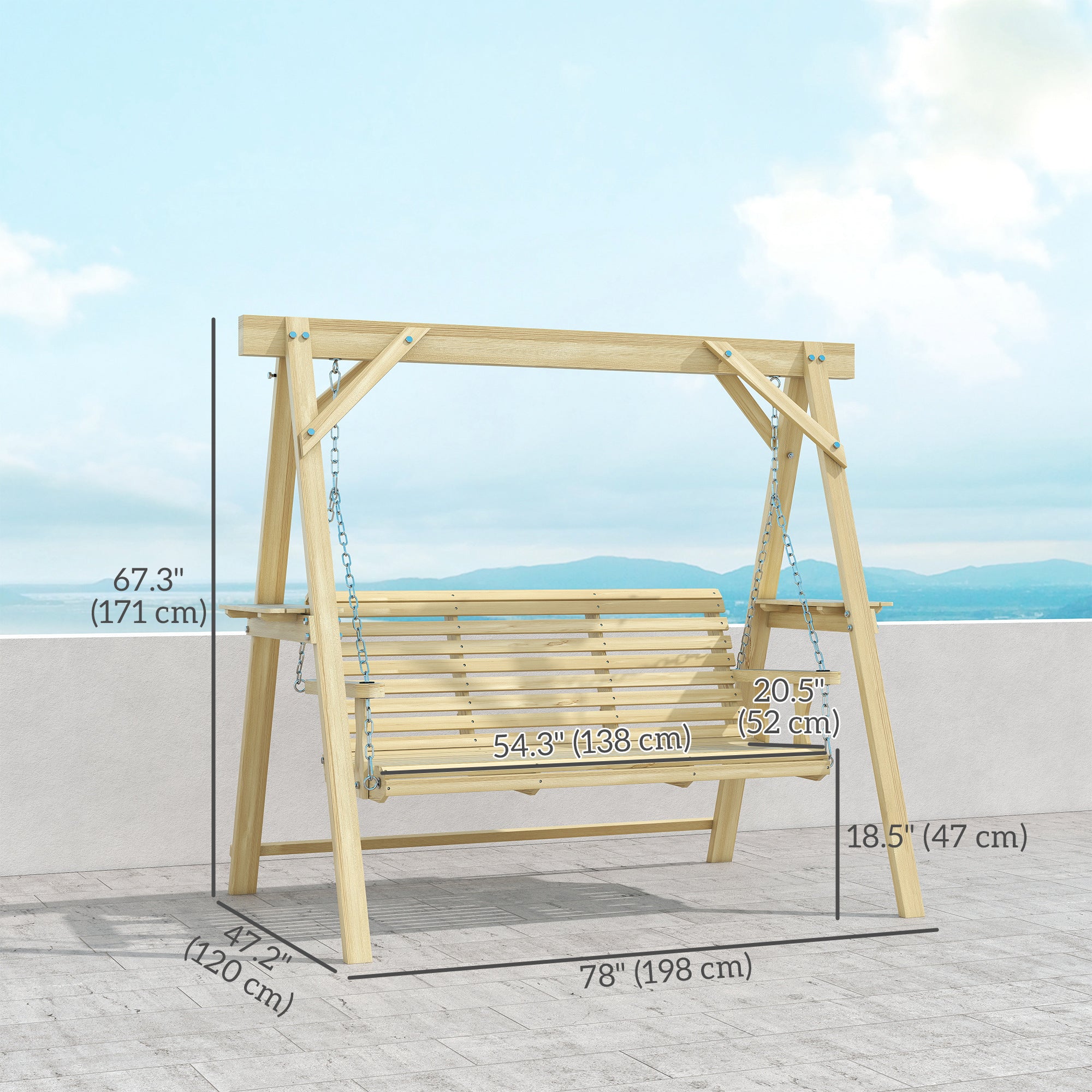 Aosom 3-Seat Porch Swing Fir Wood w/ Side Tables-DECOROLALA